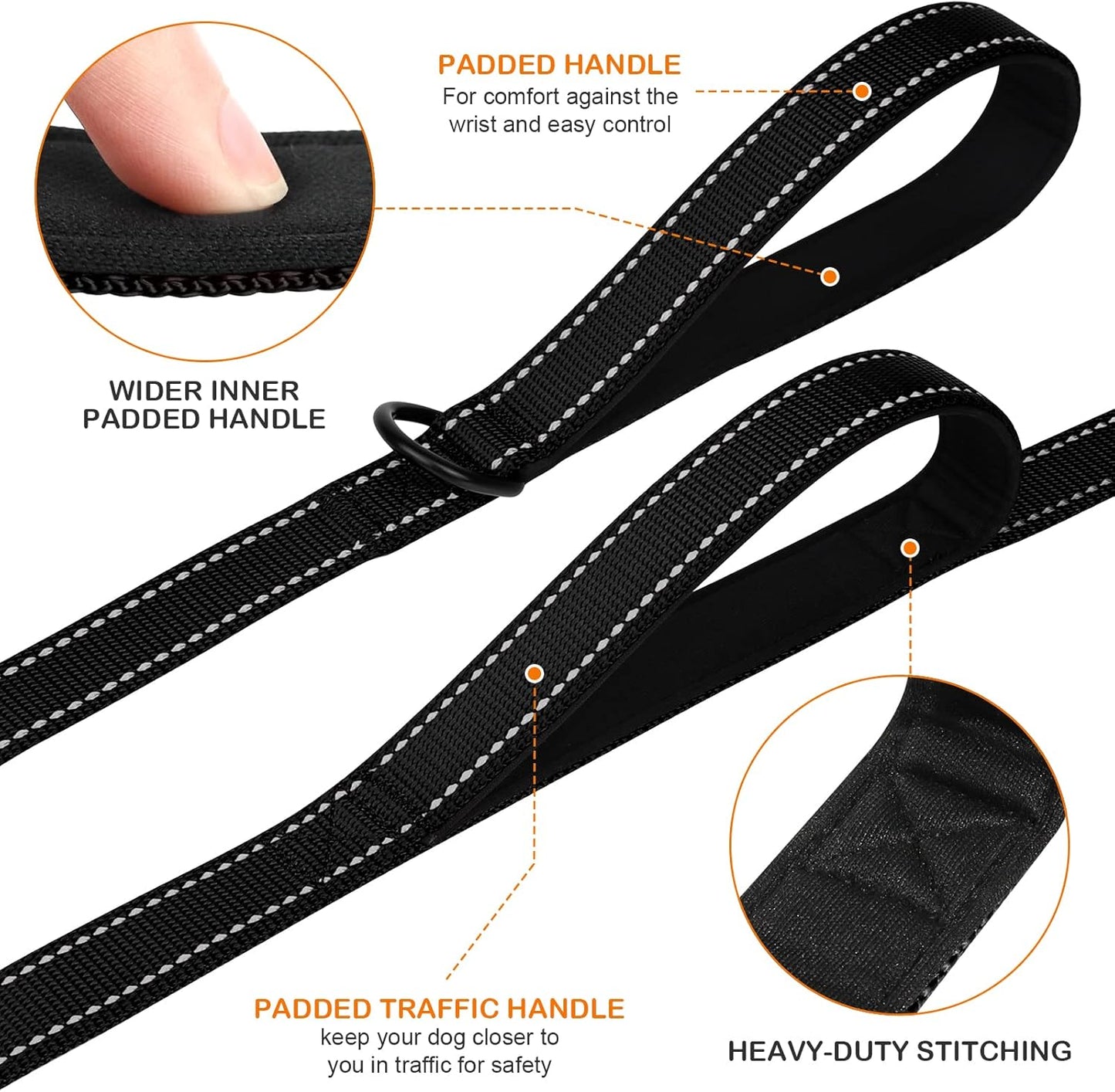 Martingale Dog Collar(12.5-16''), 6FT Double Handle Leash for Training, Black -