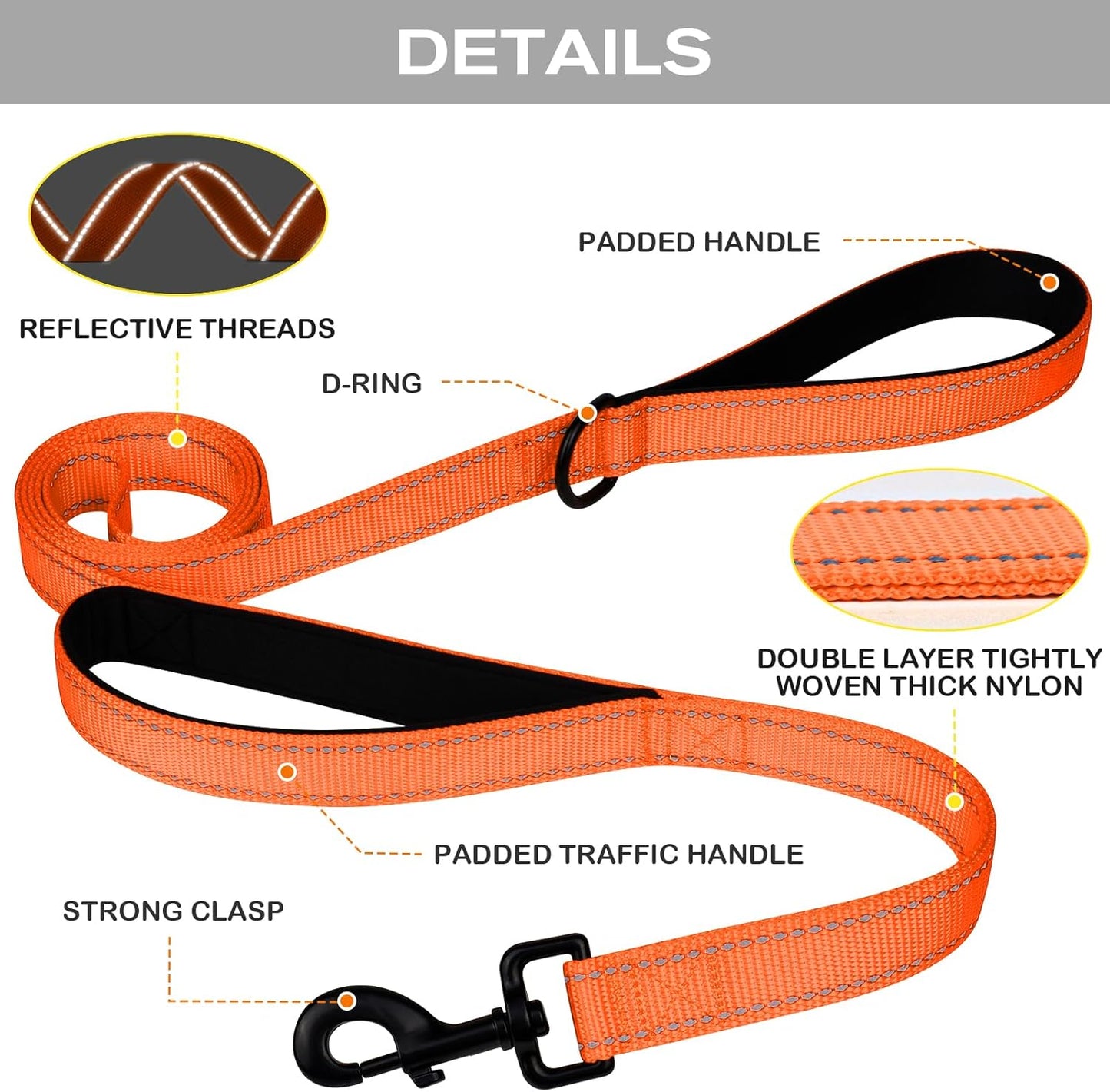 Martingale Dog Collar(16-20"), 6FT Double Handle Leash for Training, Orange -