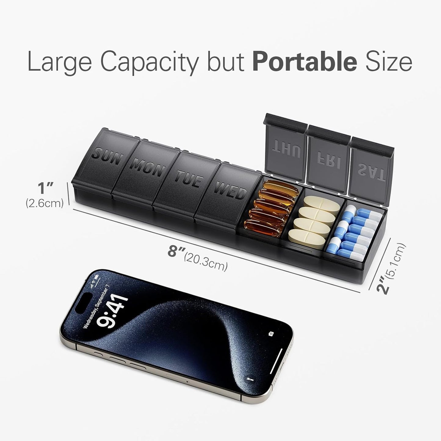 Pill Organizer Large, Weekly Medicine Organizers, 7 Day Pills Box Case Travel for Big Vitamin Supplements Fish Oil, Black -