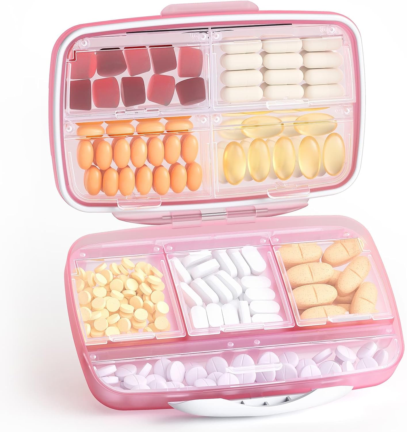 Large Pill Organizer with 8 Compartments, Pocket Pharmacy Travel Box Moisture-Proof, Portable Vitamin for Fish Oil & Supplements (Pink) Pink -