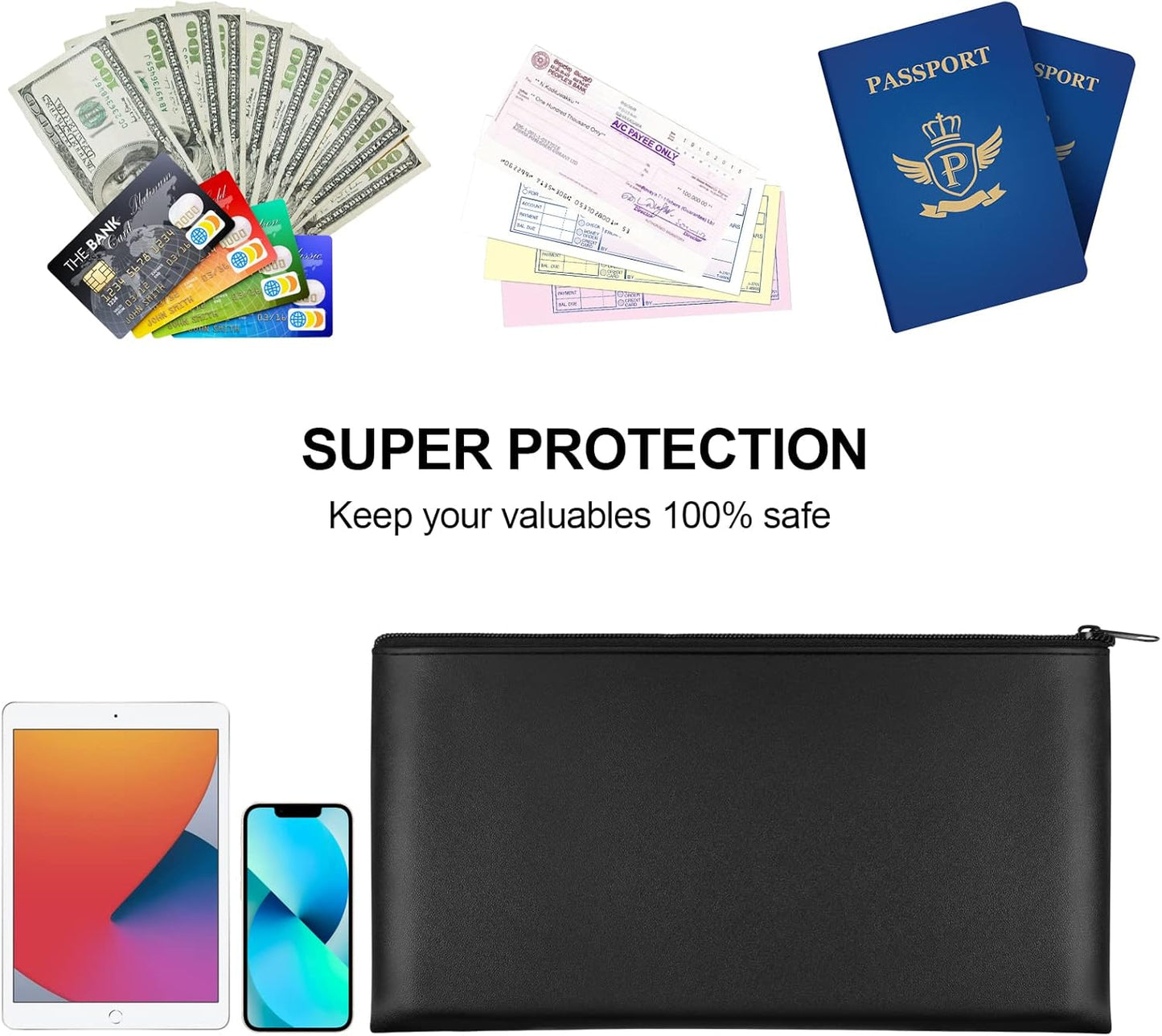 2 Pieces Money Bags with Zipper, 11x6.1 inch Pouch, Bank Bag, Cash Check Wallet, Cosmetics Black