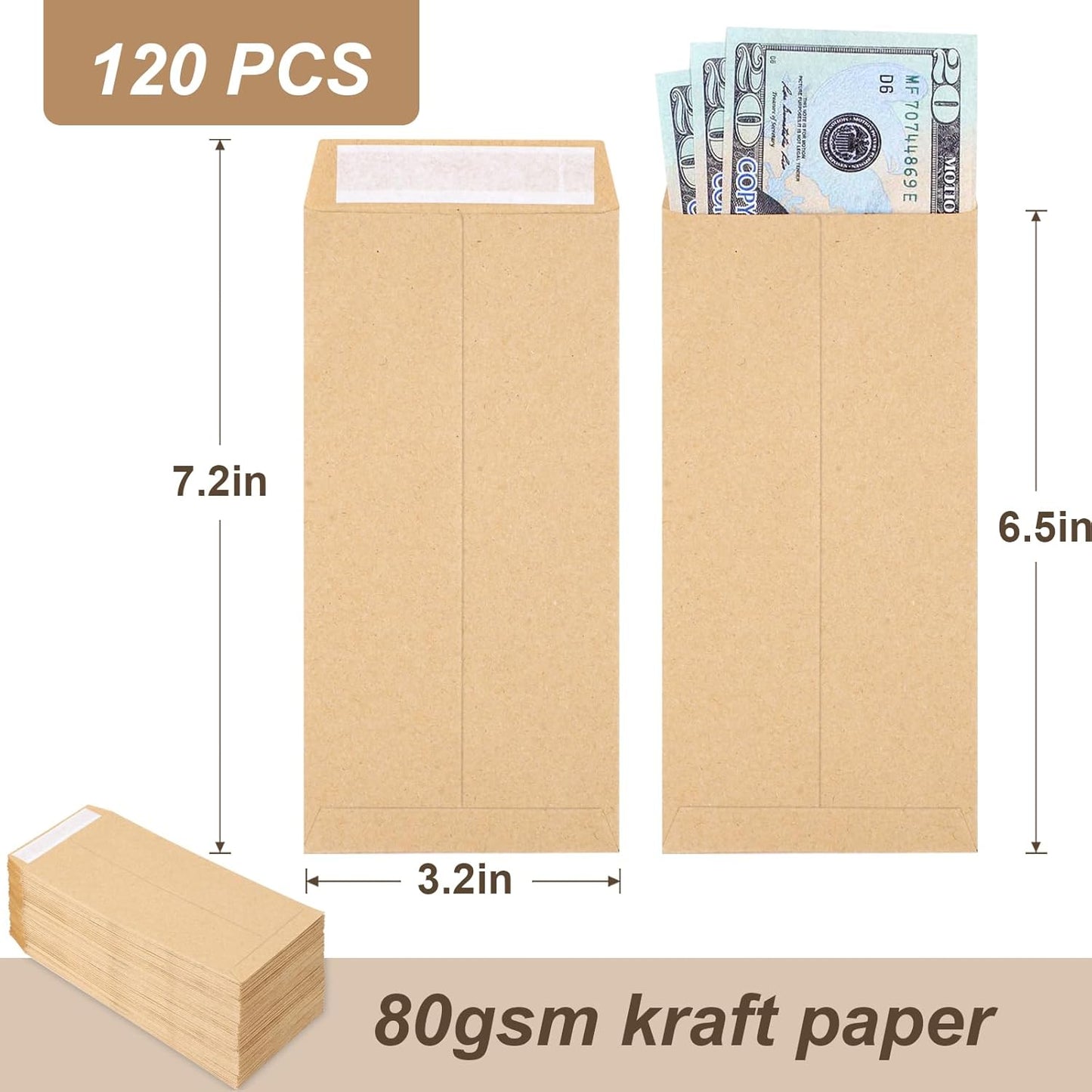120 PCS Money Envelopes for Cash Kraft Paper, 6.5”x3.2” Small Self-Adhesive, Saving Challenge Coin Coin, Check, Budget, Item Organizer - 6.5"x 3.2"