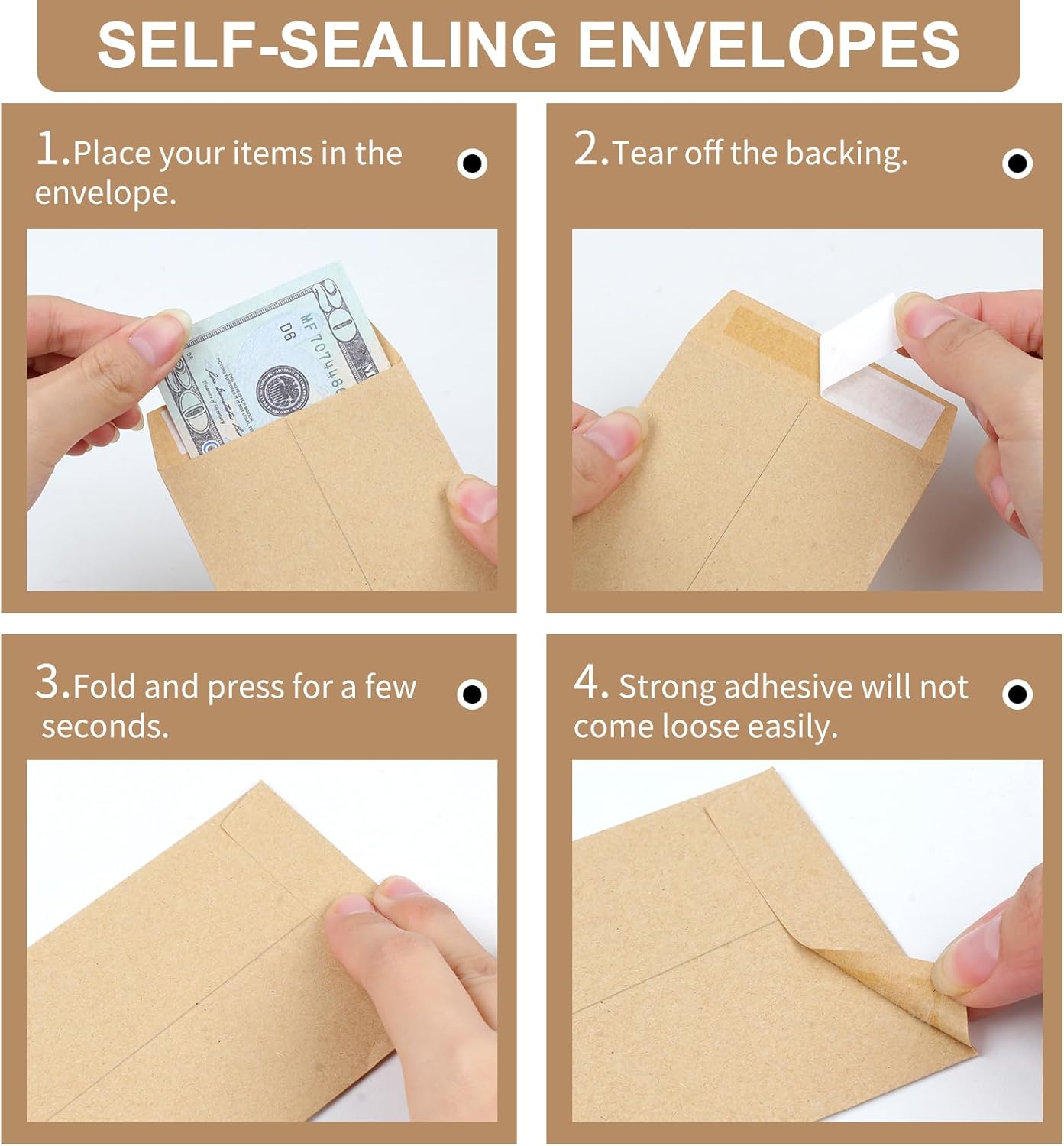 120 PCS Money Envelopes for Cash Kraft Paper, 6.5”x3.2” Small Self-Adhesive, Saving Challenge Coin Coin, Check, Budget, Item Organizer - 6.5"x 3.2"