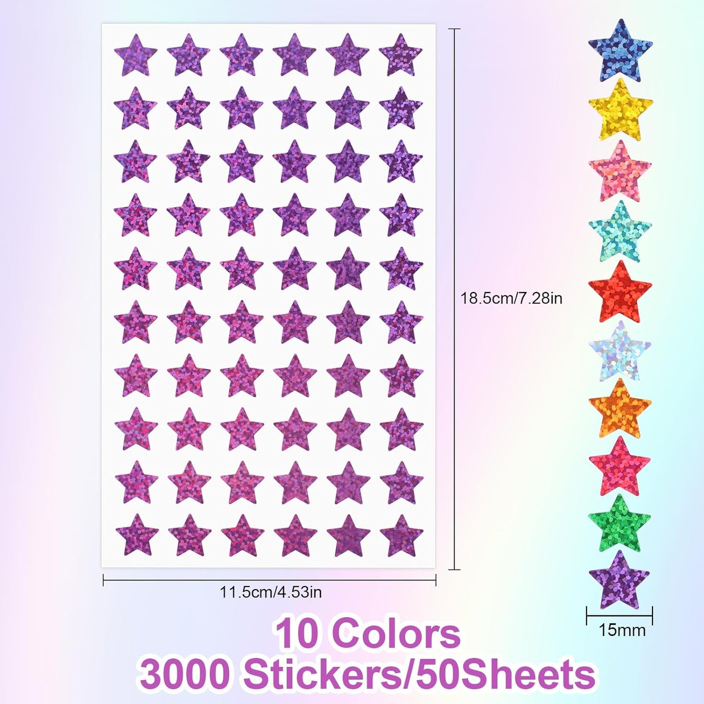 3000 PCS Star Stickers, 0.6" Sparkly Holographic Kids Rewards Colors Sticker, Foil Sticker for Behavior Chart, Student Planner, School Classroom Teacher Supplies, DIY Mix -