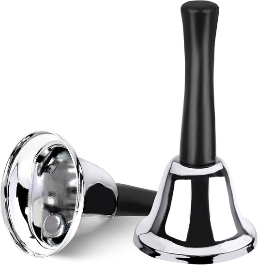 2 Pack Hand Bell, Silver Steel Ringing Bell with Handle, Dinner Bells for Inside Classroom Food Line, Alarm, Jingles, (Silver) -