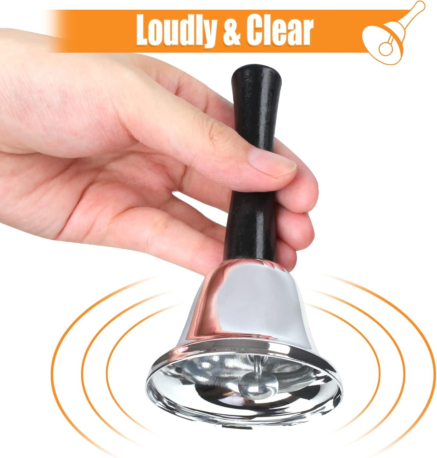 2 Pack Hand Bell, Silver Steel Ringing Bell with Handle, Dinner Bells for Inside Classroom Food Line, Alarm, Jingles, (Silver) -