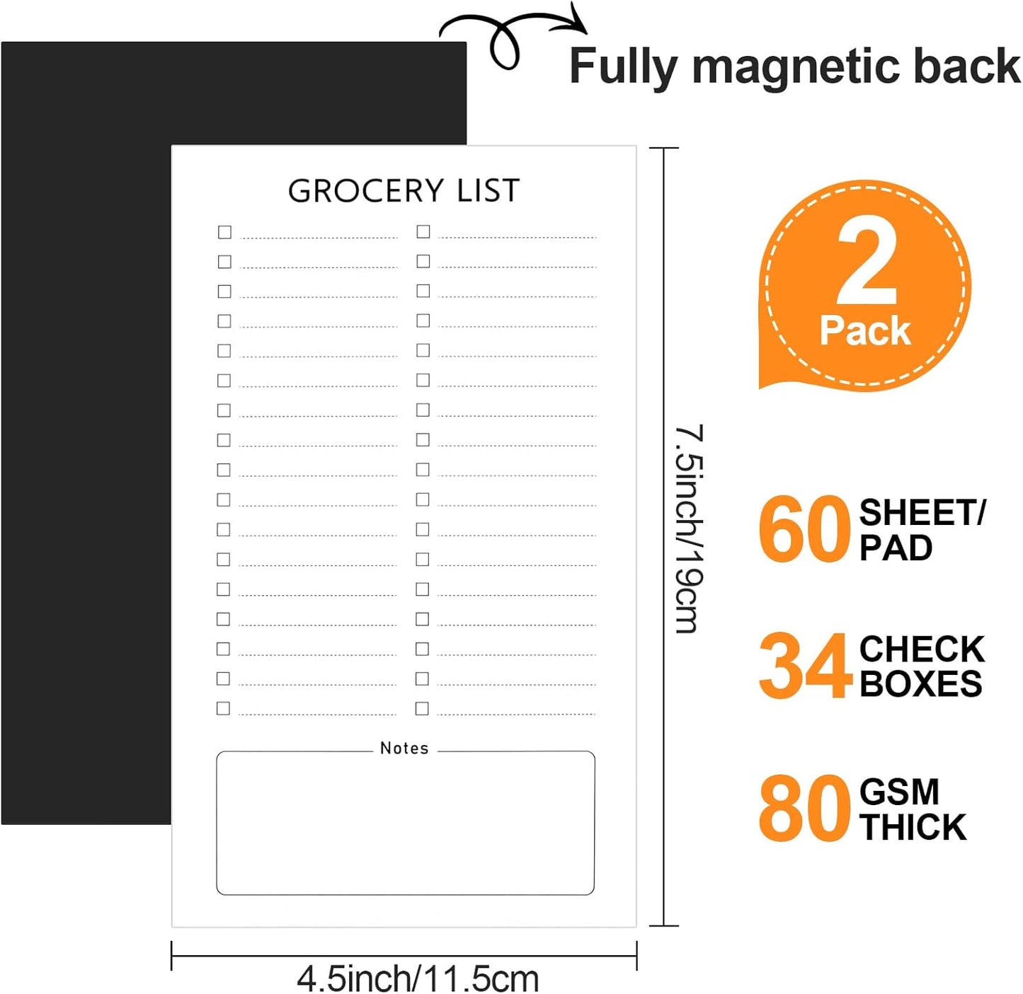 Grocery List Magnet Pad for Fridge, 2 Pack Magnetic Notepads Refrigerator, Full Back Shopping Lists, 60 Sheets Per Note Pads -