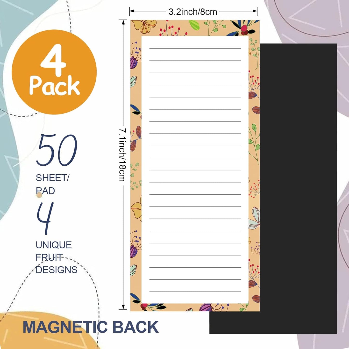 Magnetic Notepads for Refrigerator - Flower Design, 50 Sheets Per Pad, 4 Pack Memo Pads Grocery Lists and To-Dos