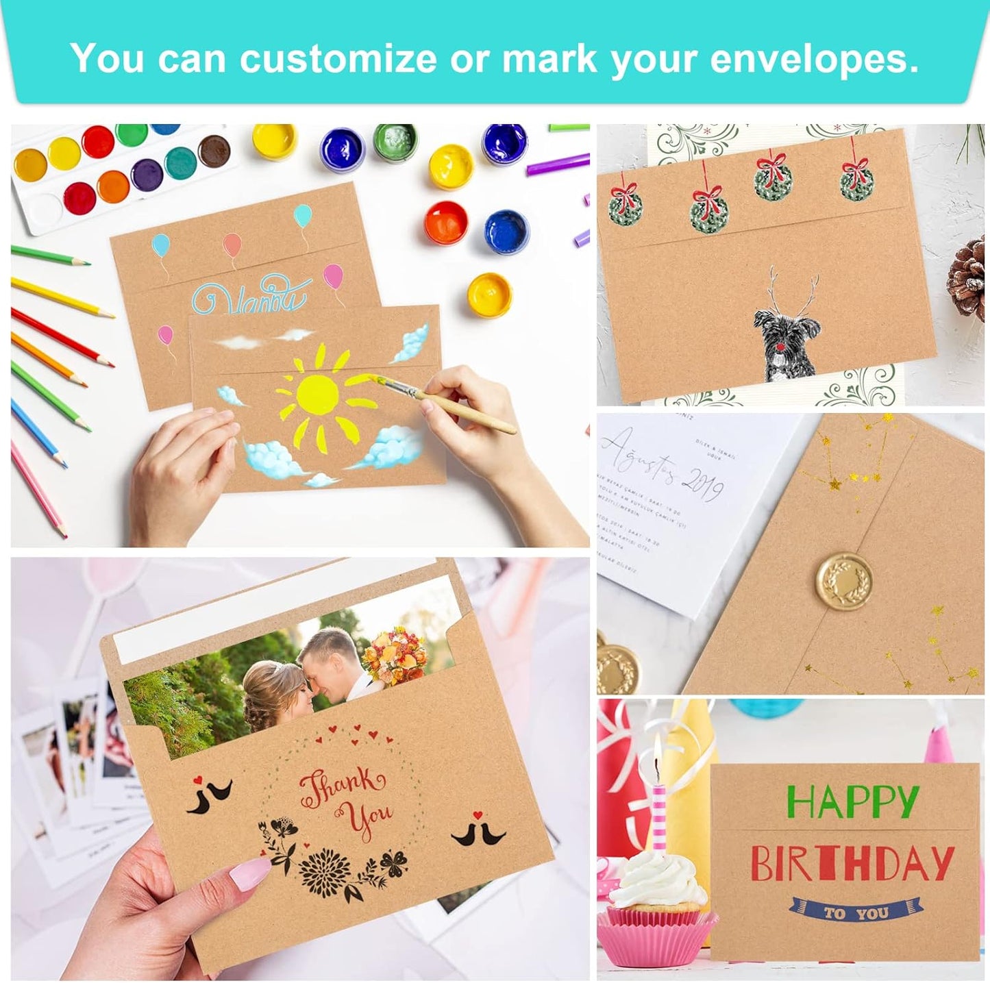 50 Pack Brown Kraft Envelopes, 5x7 Envelopes for Invitations, A7 Invitation Personalize Gift Cards, Wedding, Baby Shower, Birthday Party - (5.25x7.25in)