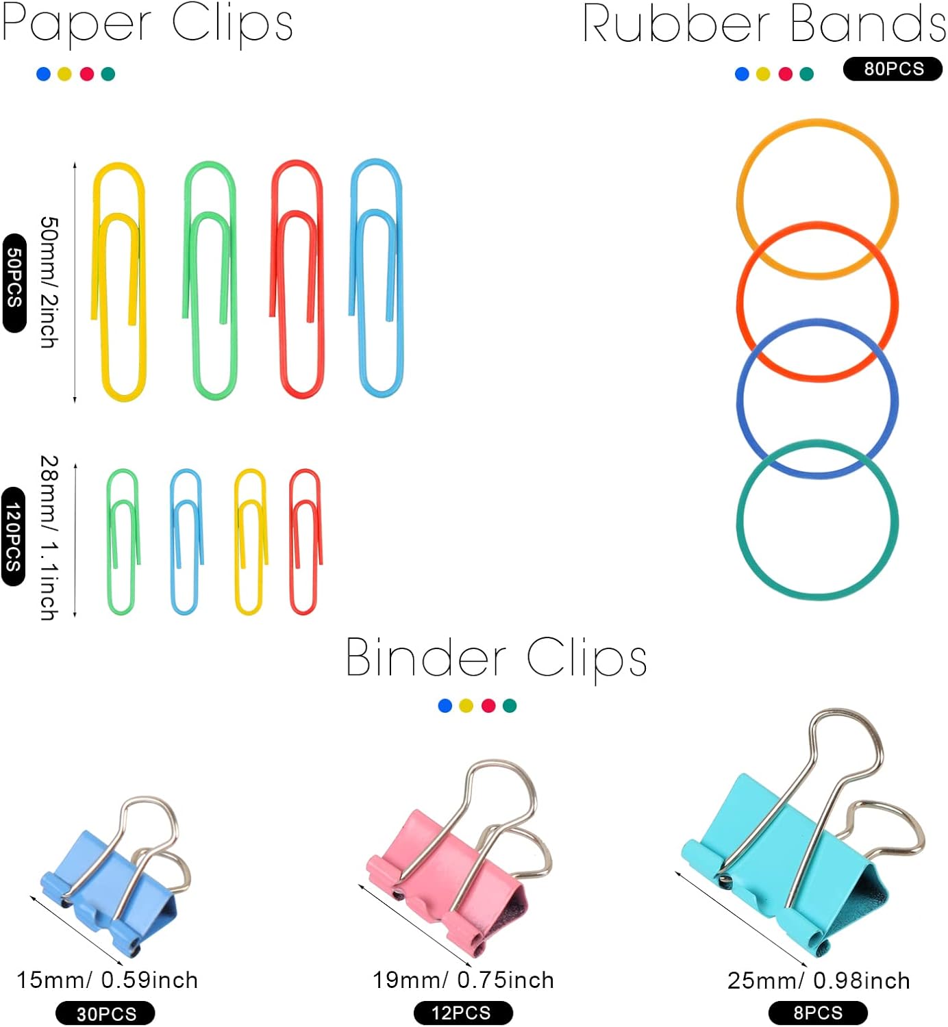 300 Pcs Binder Clips, Rubber Bands, Office Set, Paper School & Teacher Supplies for Desk Essentials (Assorted Sizes) -