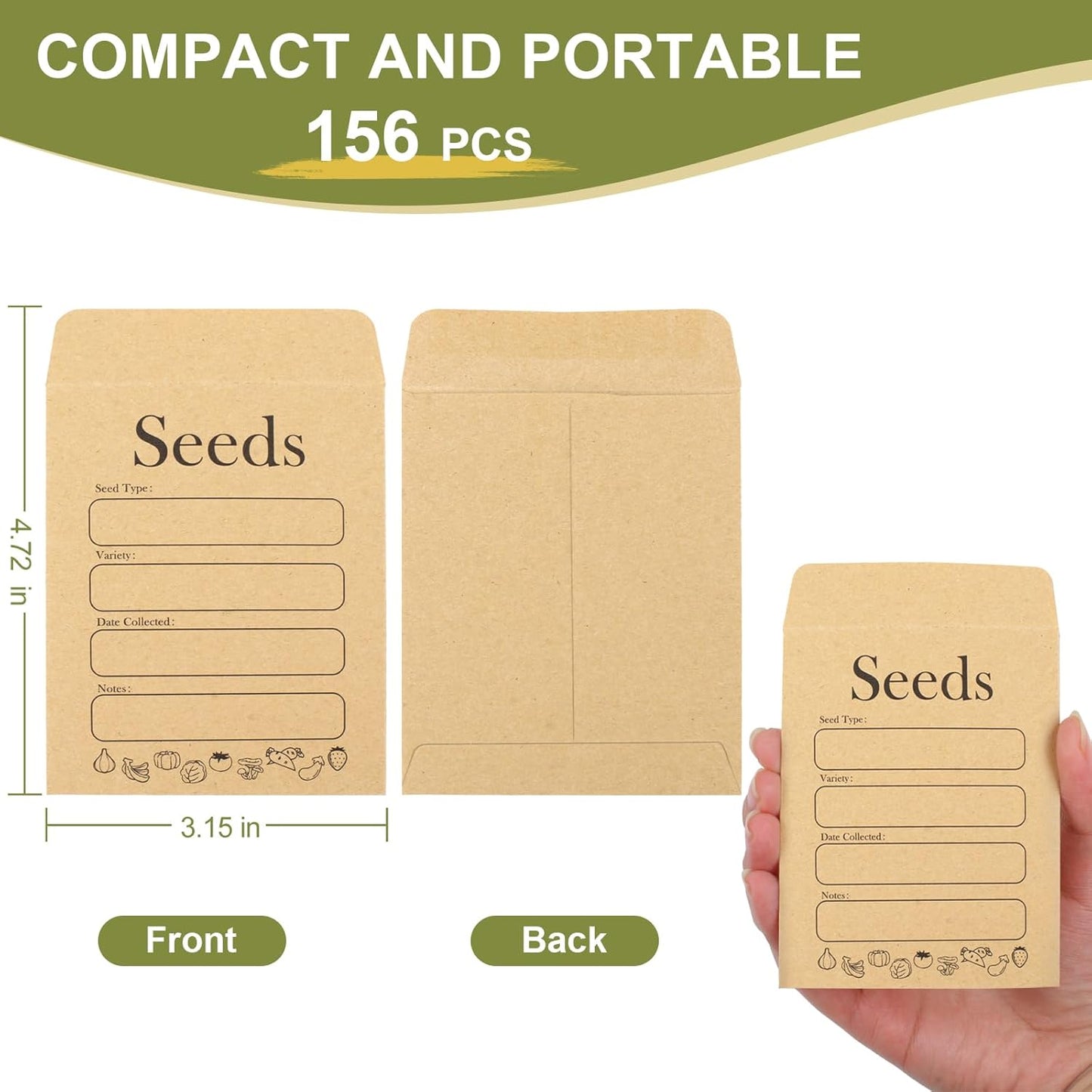 156 PCS Seed Envelopes 3.15”x 4.72”, Packets Kraft Seeds Saving Envelope, Self Sealing Storage Mini Envelope for Flower Vegetable -