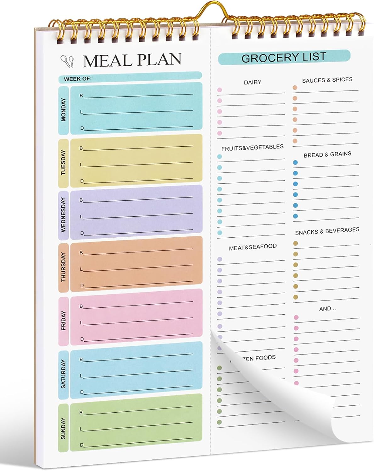 Weekly Meal Planner Notebook 8.5x11”, 50 Sheets Magnetic, Double Helix and Grocery List, Wall-Mountable Menu for Fridge Notepad Daily & Plan -