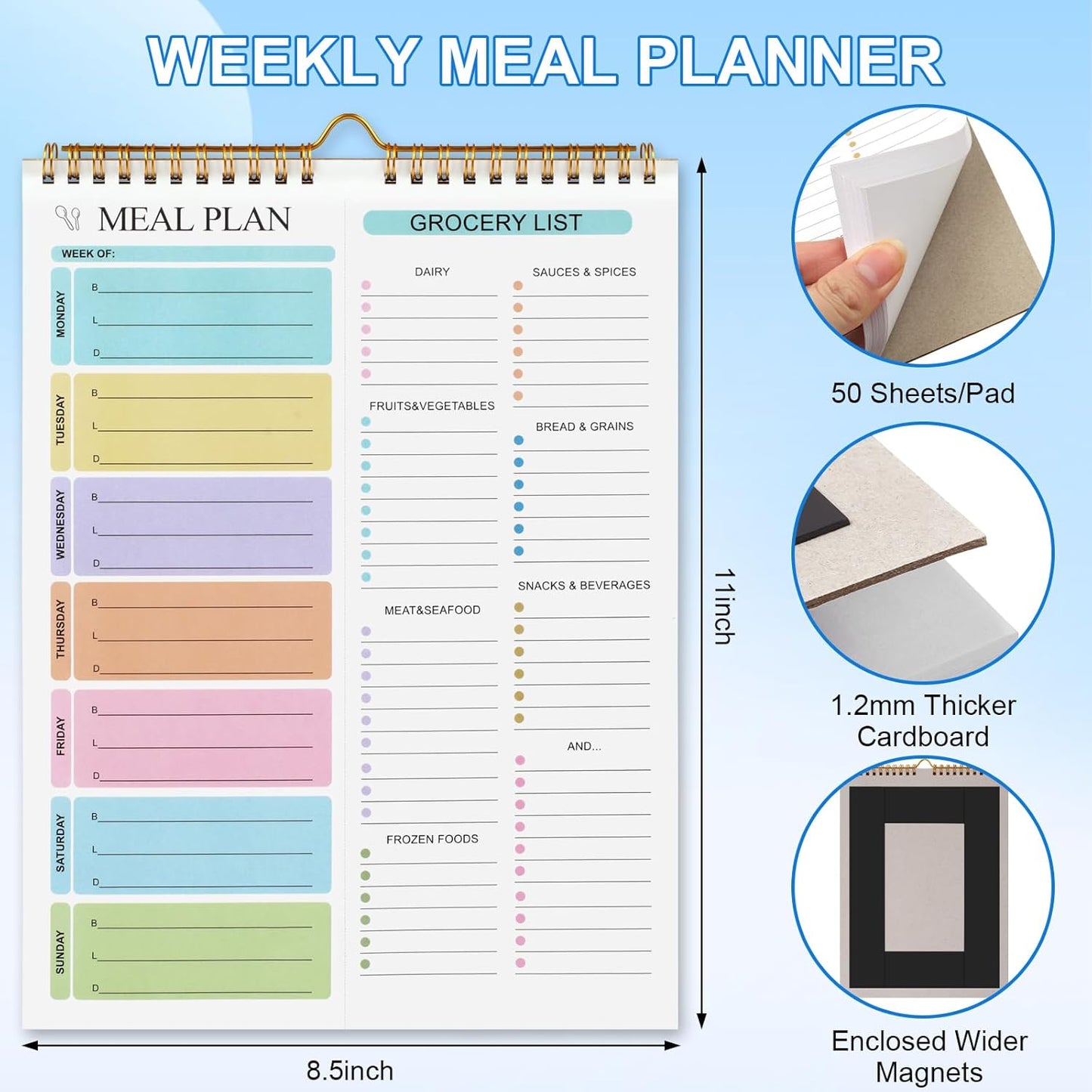 Weekly Meal Planner Notebook 8.5x11”, 50 Sheets Magnetic, Double Helix and Grocery List, Wall-Mountable Menu for Fridge Notepad Daily & Plan -