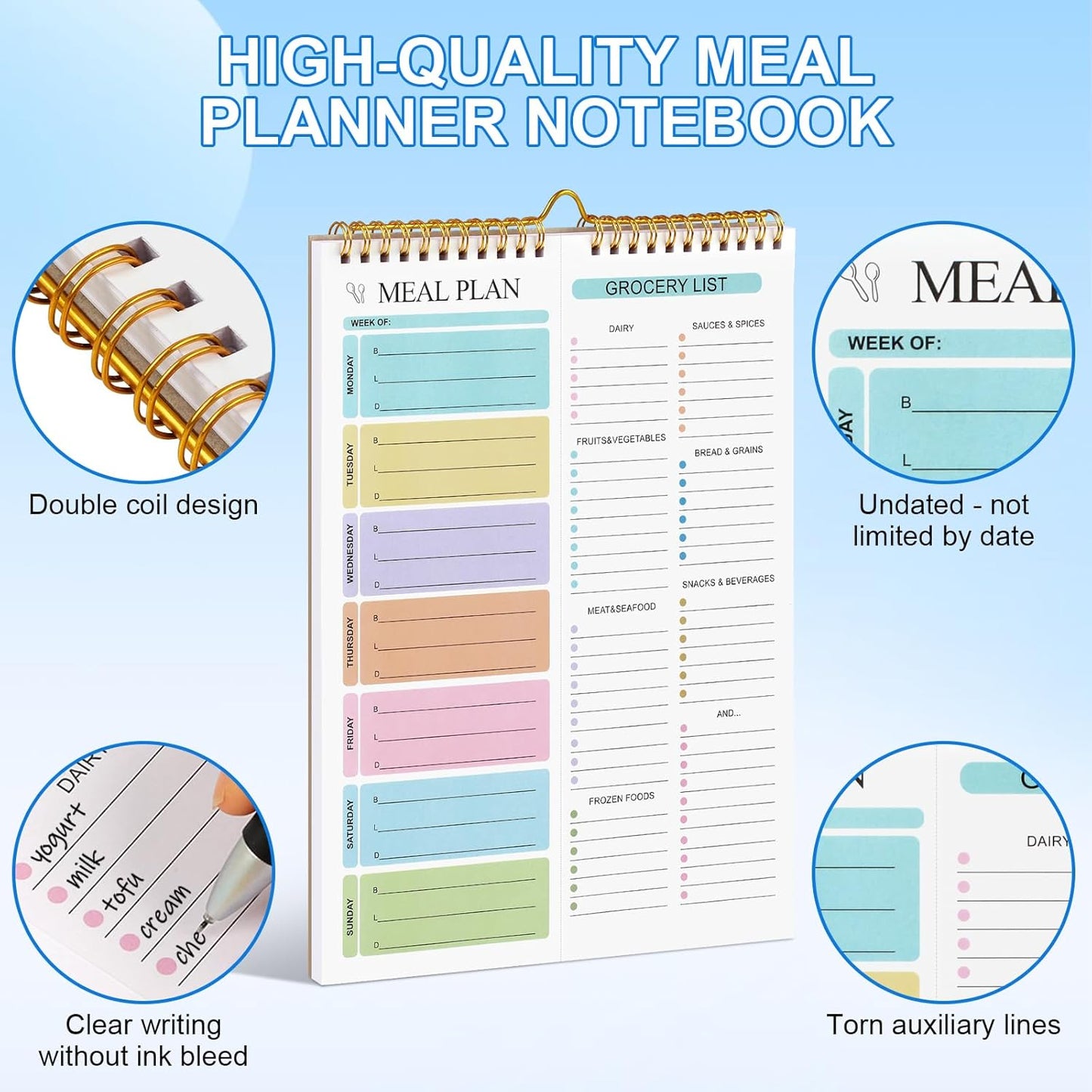Weekly Meal Planner Notebook 8.5x11”, 50 Sheets Magnetic, Double Helix and Grocery List, Wall-Mountable Menu for Fridge Notepad Daily & Plan -