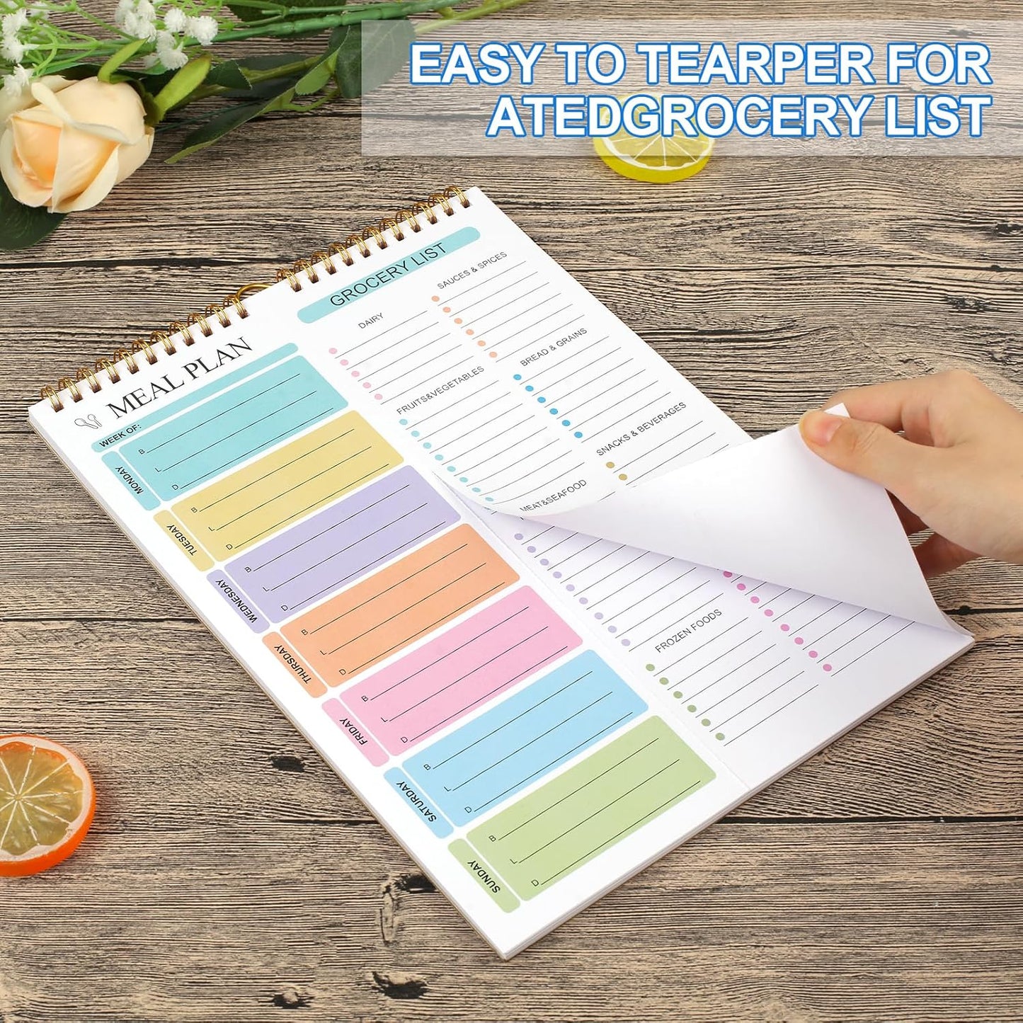 Weekly Meal Planner Notebook 8.5x11”, 50 Sheets Magnetic, Double Helix and Grocery List, Wall-Mountable Menu for Fridge Notepad Daily & Plan -