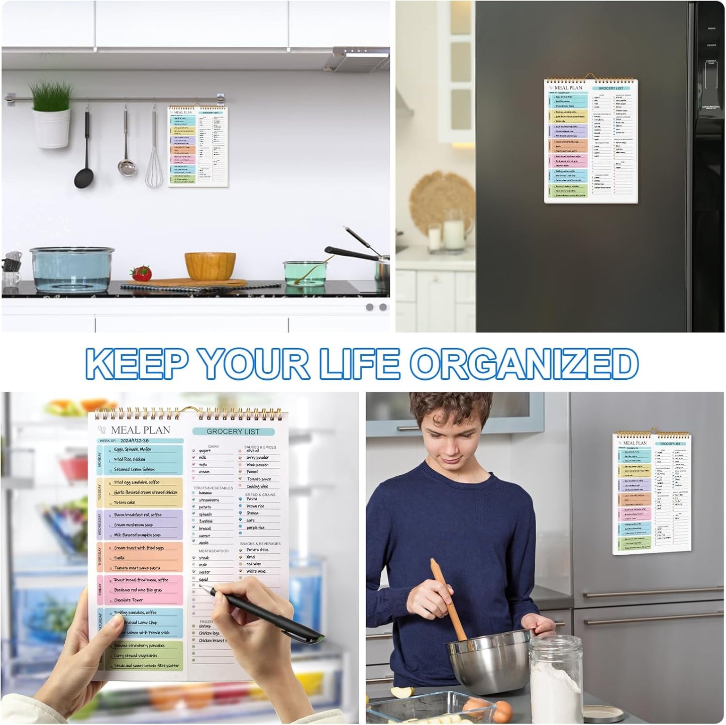 Weekly Meal Planner Notebook 8.5x11”, 50 Sheets Magnetic, Double Helix and Grocery List, Wall-Mountable Menu for Fridge Notepad Daily & Plan -