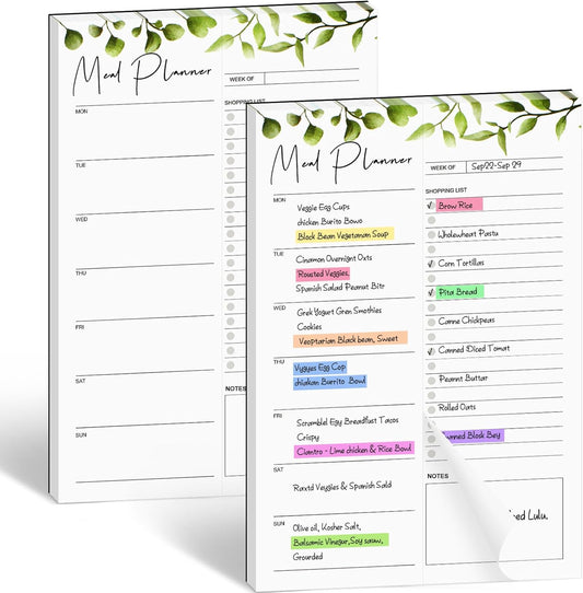 2 PCS Weekly Meal Planner Magnetic for Fridge 8.3x5.5”, Undated and Grocery List Tearable Shopping List, Menu Plan - 50 Pages/Book