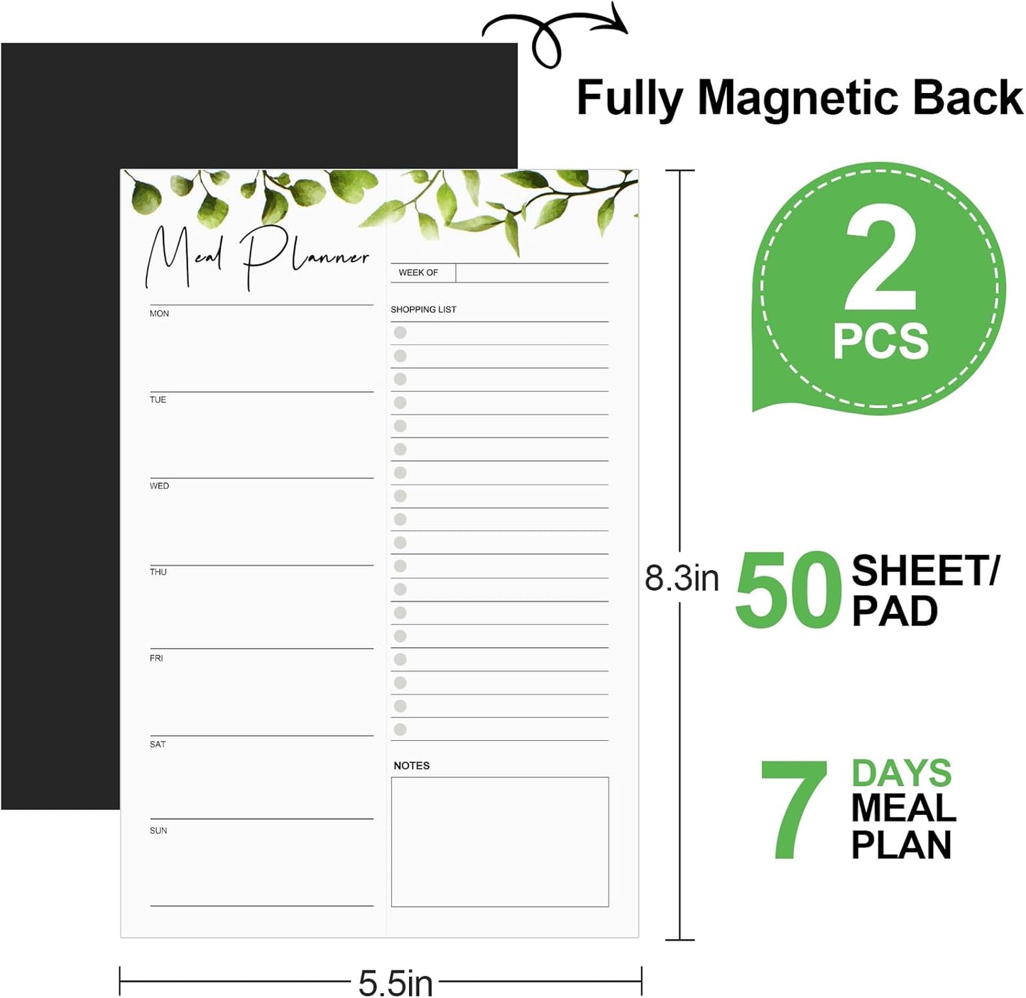 2 PCS Weekly Meal Planner Magnetic for Fridge 8.3x5.5”, Undated and Grocery List Tearable Shopping List, Menu Plan - 50 Pages/Book