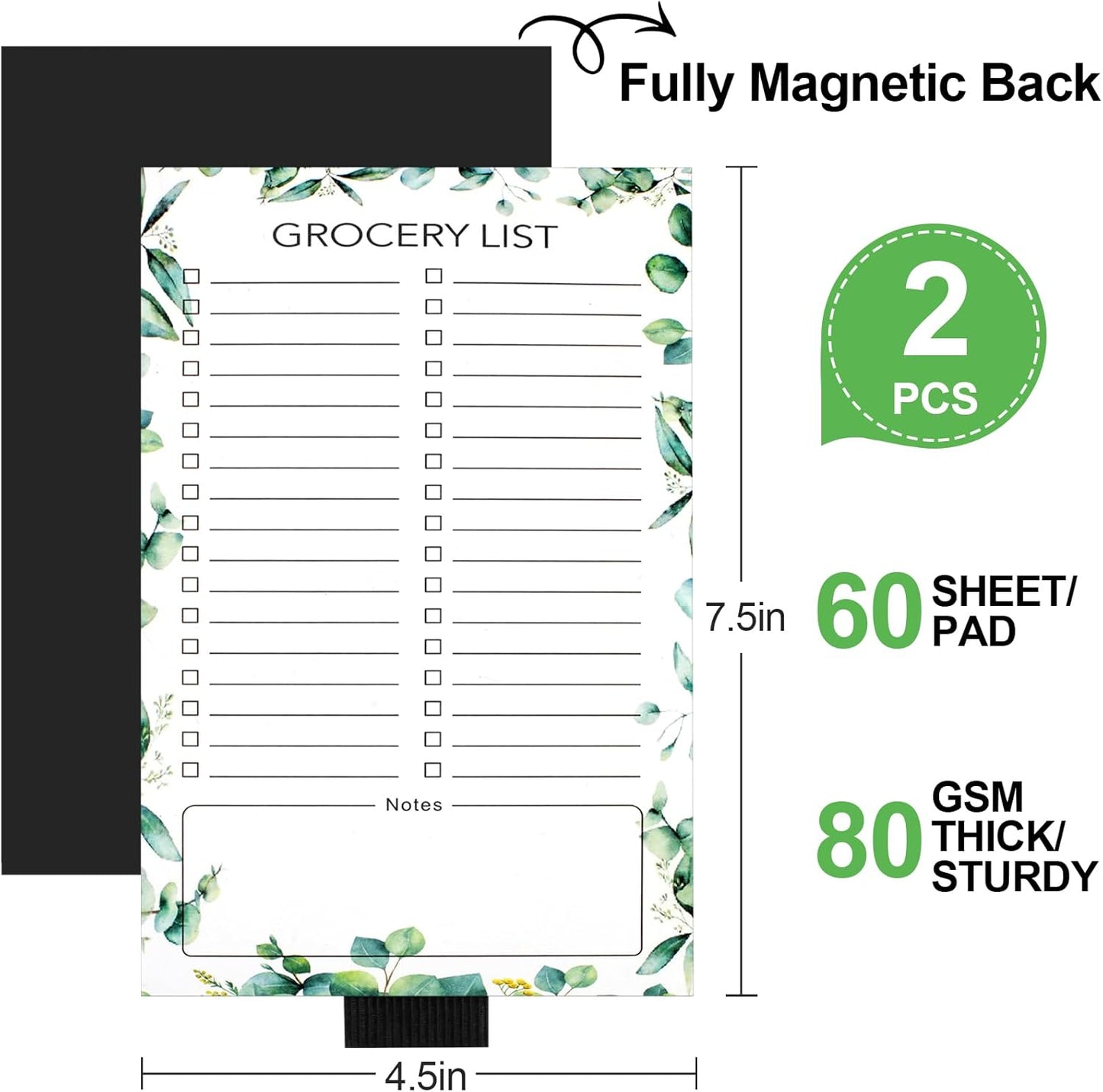 2 PCS Magnetic Grocery List Pads for Fridge, 4.5x7.5 Inches Note Pad Magnet Refridge, Magnetics Notepads, Shopping Lists, 60 Pages Per Notepad -