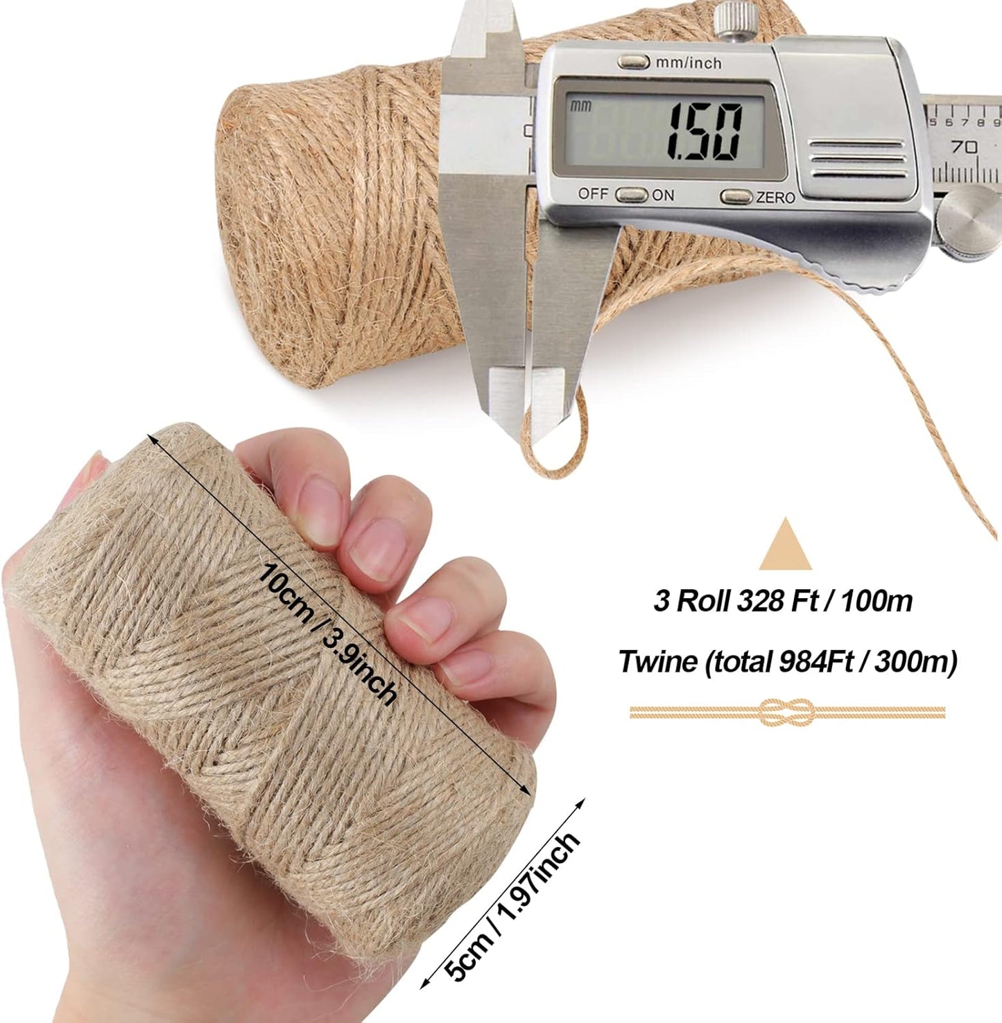 984 FT Natural Jute Twine, 3ply Thin Ribbon Hemp Twine for Gardening, Plant, Gift Wrapping, Art, Wedding Decoration, Packing, Bulk (3 Roll) - (3p)