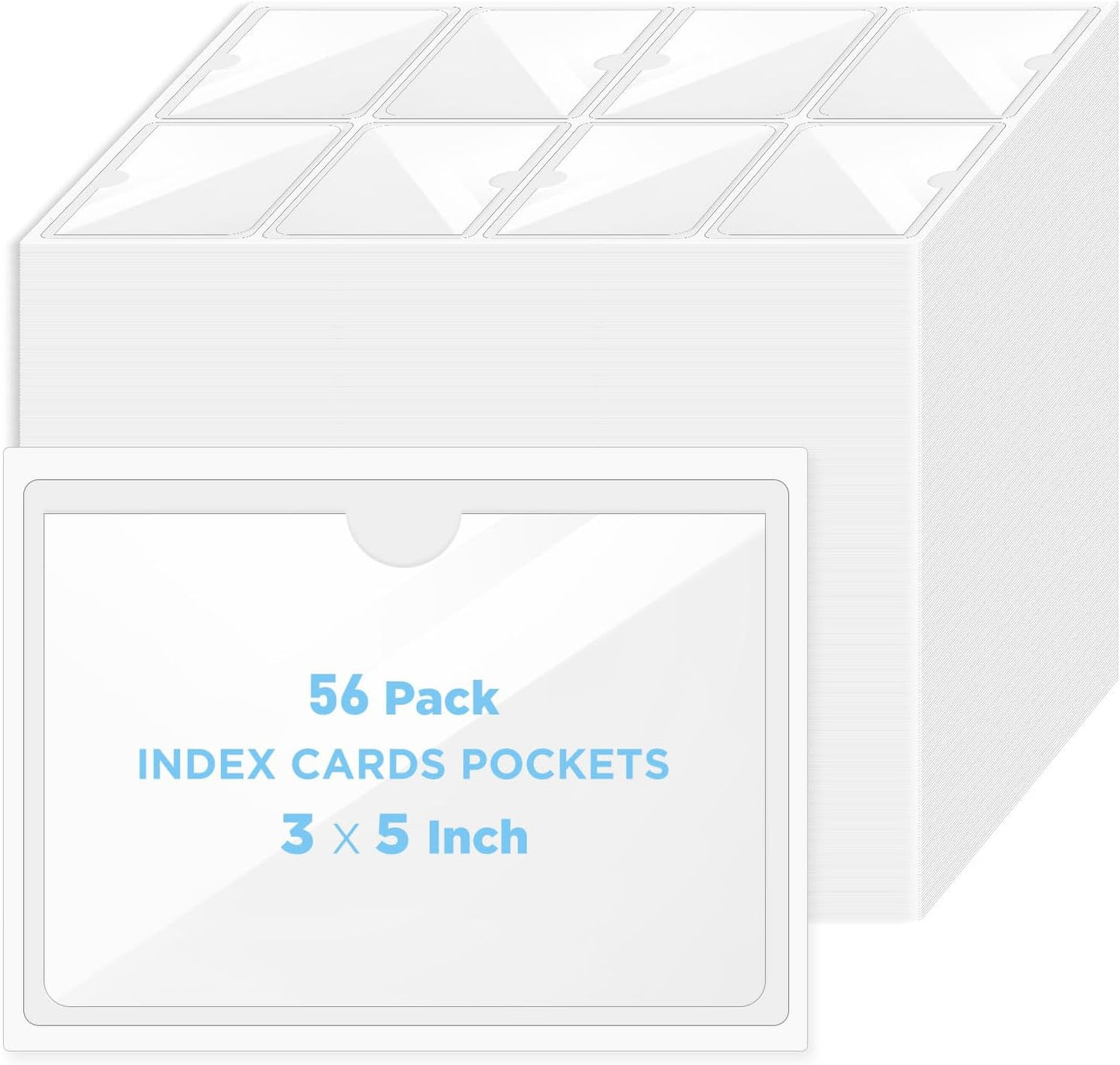 56 Pack Clear Self-Adhesive Pockets, 3" x 5" Index Card Pockets with Top Open Loading, PVC Label Holders for Organizing Storage Bins, Library Card, Drawer, and Protecting Your Cards -