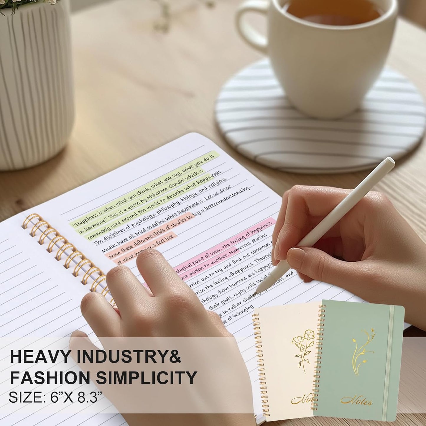 Aesthetic Spiral Notebook, 2PCS Cute 8.3" x 6" Notebook For Women, A5 Journal for Office/School/Home (Green & Beige) Green Beige -