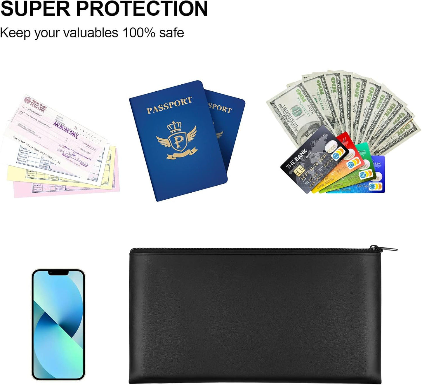 2 Pieces Money Bag,11x6.1 Inch Bags With Zipper for Cash, Bank Bag, Pouch, Holder Coins, Cosmetics, Bills, Tool 1 Black & Blue -