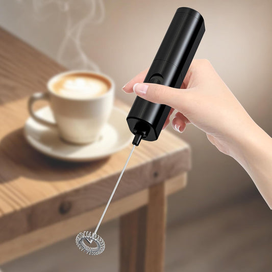 Powerful Milk Frother for Coffee, Fast Handheld Drink Mixer with Stainless Steel Whisk, Hand Stirrer Wand-Black -