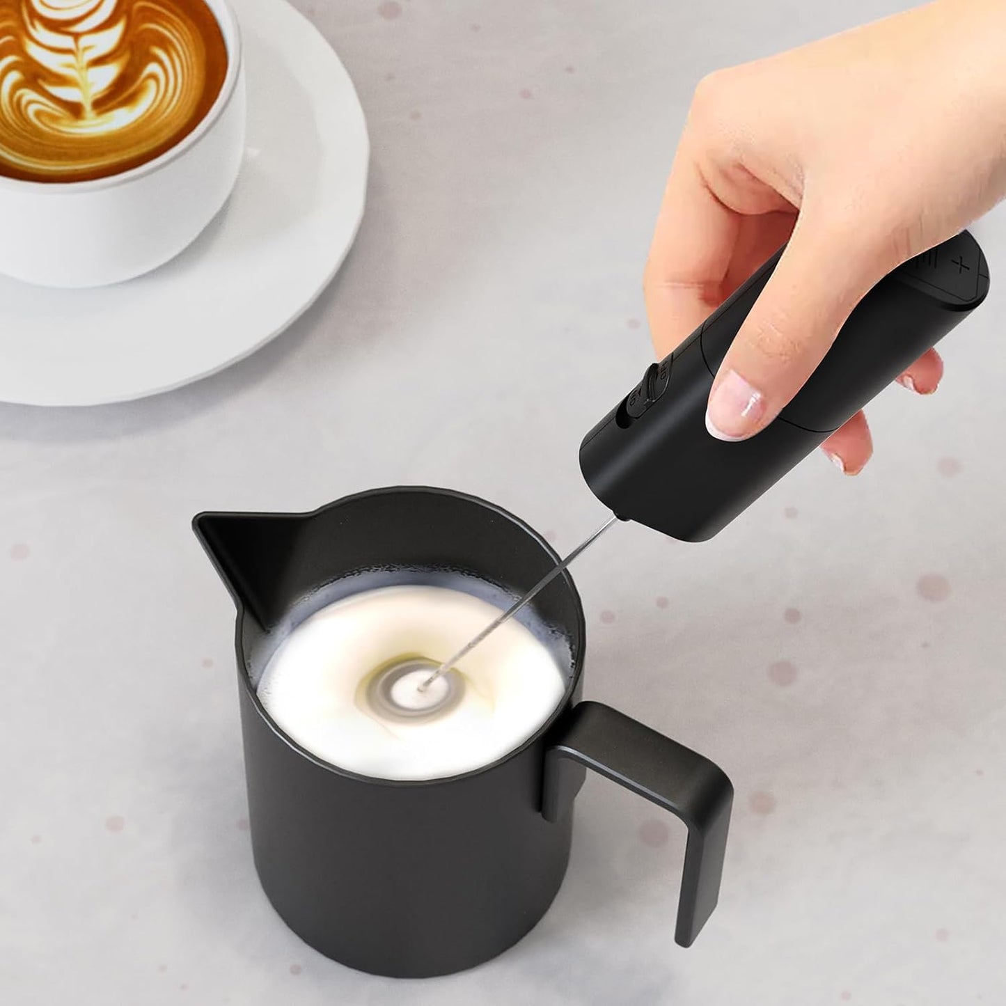 Powerful Milk Frother for Coffee, Fast Handheld Drink Mixer with Stainless Steel Whisk, Hand Stirrer Wand-Black -