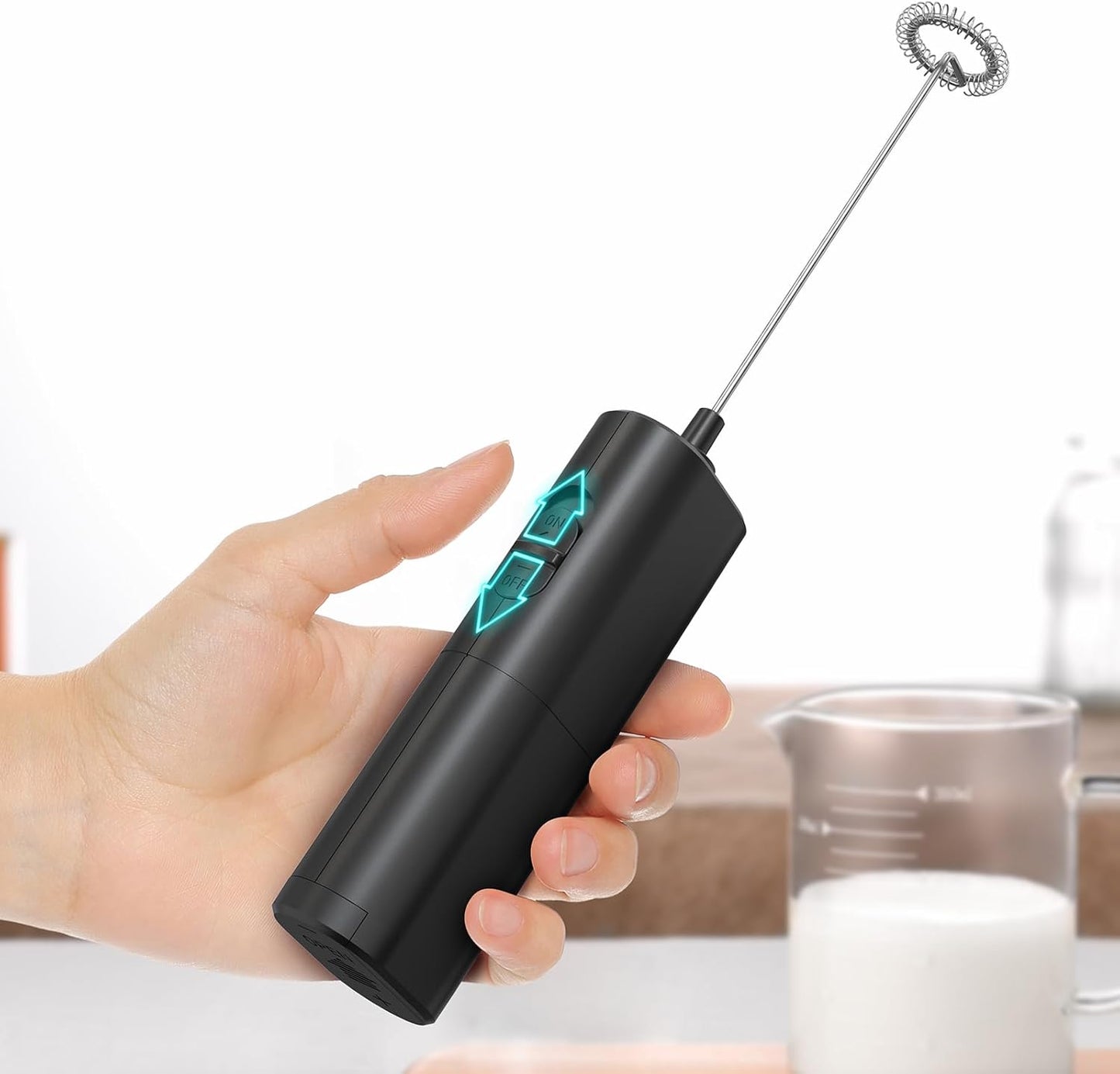 Powerful Milk Frother for Coffee, Fast Handheld Drink Mixer with Stainless Steel Whisk, Hand Stirrer Wand-Black -