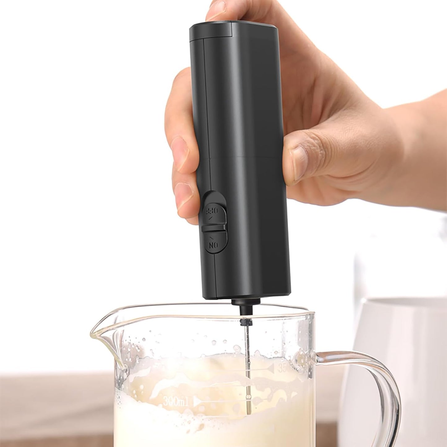 Powerful Milk Frother for Coffee, Fast Handheld Drink Mixer with Stainless Steel Whisk, Hand Stirrer Wand-Black -