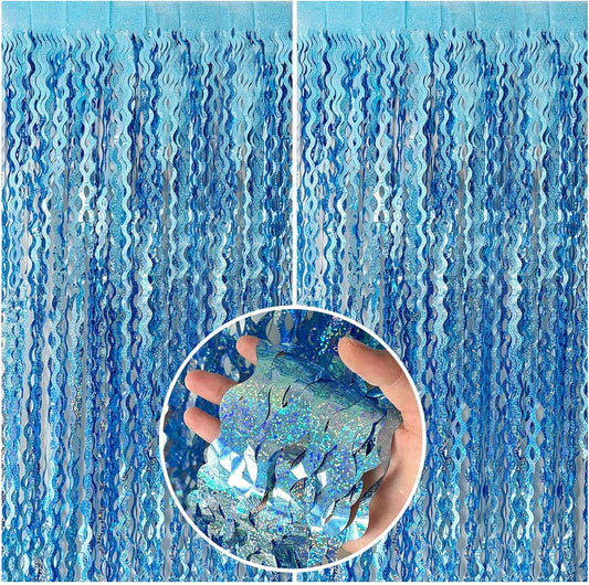 Tinsel Foil Fringe Curtains Wavy Backdrop for Parties Sparkle Metallic Curtain Party Decorations Photo Booth Props Birthday Graduation Wedding Light Blue 2 Pack