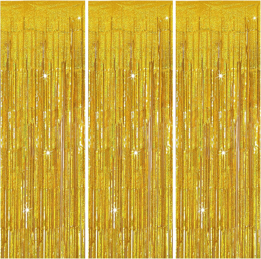 3 Pack Gold Backdrop Birthday Decorations Foil Curtain Streamers Dance Party Photo Booth Props for Bachelorette Christmas Halloween New Years Eve Supplies -