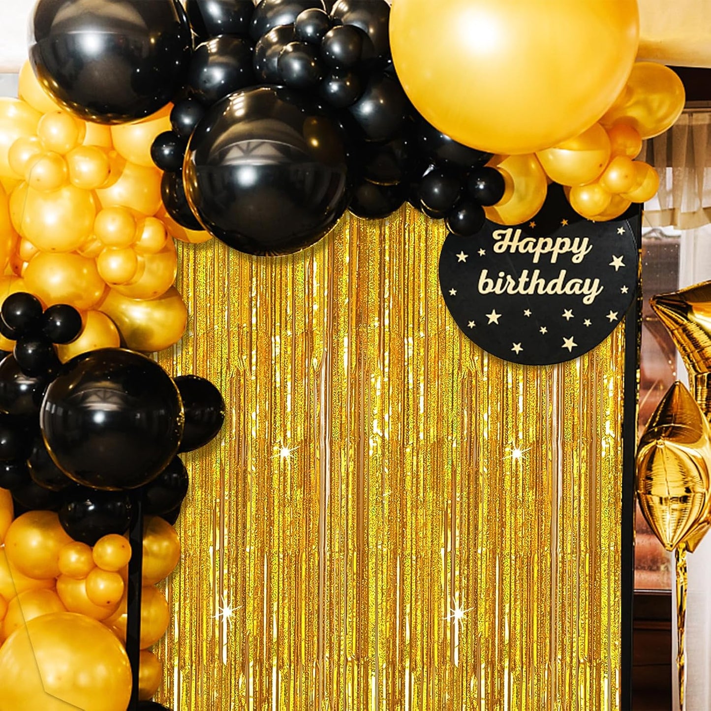 3 Pack Gold Backdrop Birthday Decorations Foil Curtain Streamers Dance Party Photo Booth Props for Bachelorette Christmas Halloween New Years Eve Supplies -