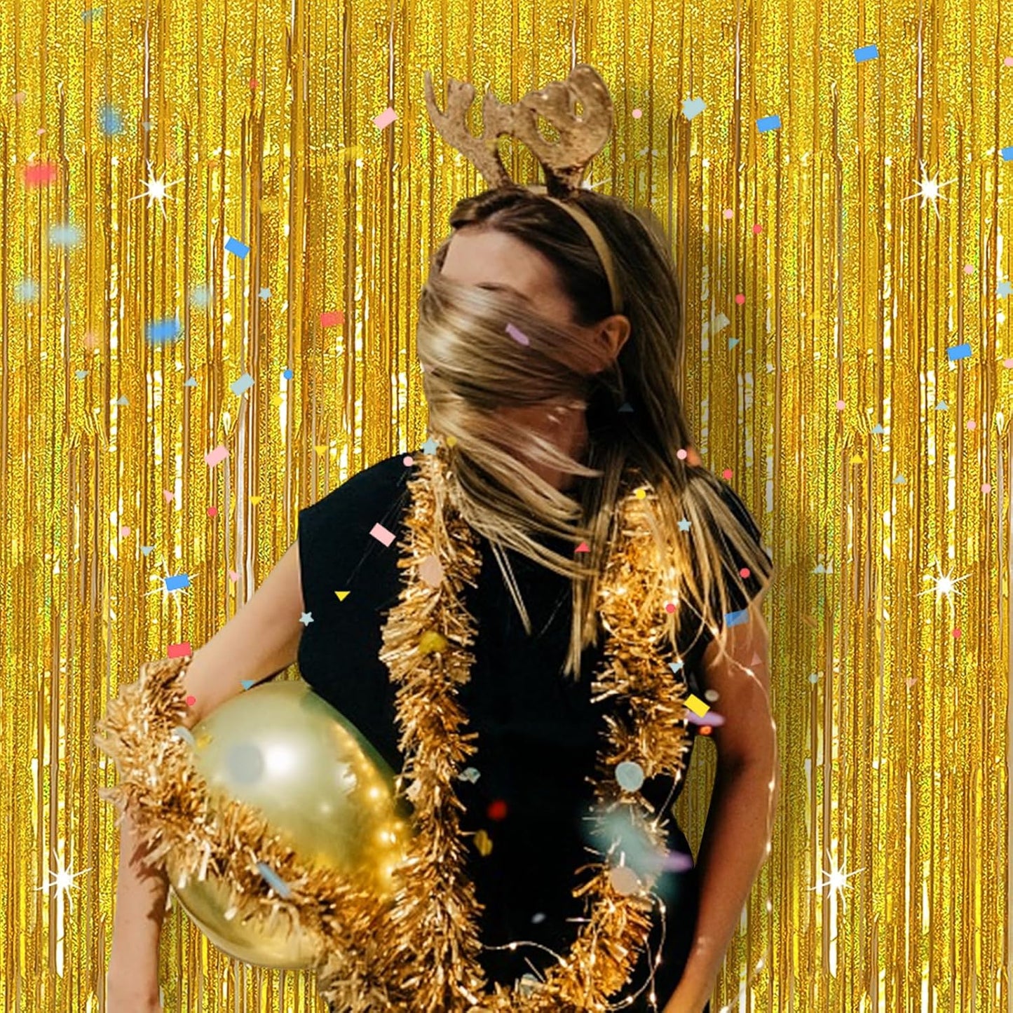 3 Pack Gold Backdrop Birthday Decorations Foil Curtain Streamers Dance Party Photo Booth Props for Bachelorette Christmas Halloween New Years Eve Supplies -