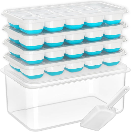 Ice Cube Tray with Lid and Bin - 4 Pack Silicone Trays for Freezer, Stackable Bucket Kits Storage Container & Scoop Kitchen, RV, Cocktail, Coffee Blue 8.2*4.5*3.6IN