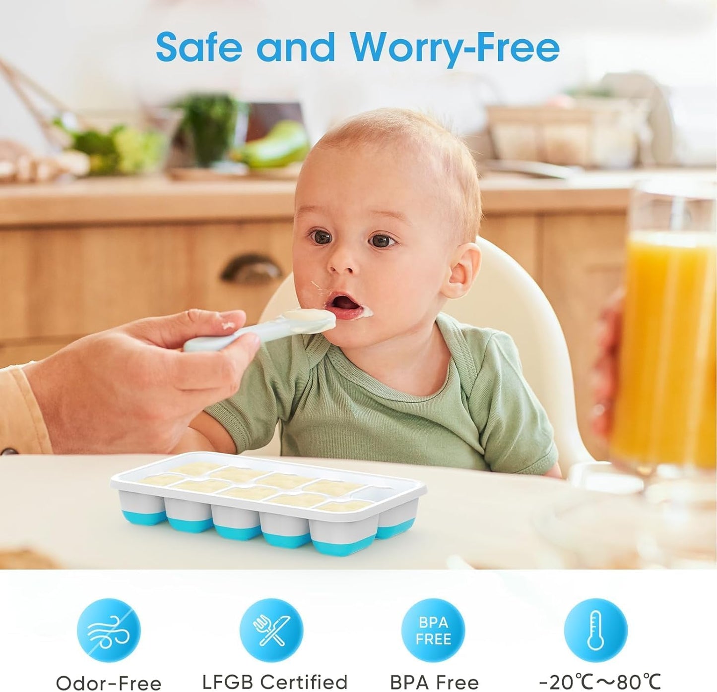 Ice Cube Tray with Lid and Bin - 4 Pack Silicone Trays for Freezer, Stackable Bucket Kits Storage Container & Scoop Kitchen, RV, Cocktail, Coffee Blue 8.2*4.5*3.6IN