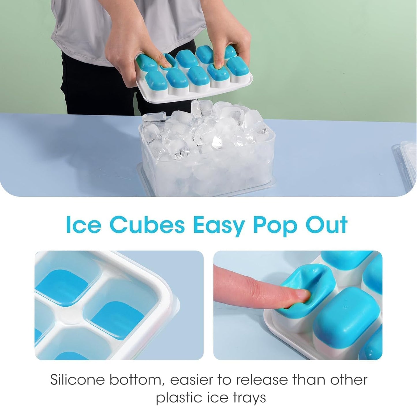 Ice Cube Tray with Lid and Bin - 4 Pack Silicone Trays for Freezer, Stackable Bucket Kits Storage Container & Scoop Kitchen, RV, Cocktail, Coffee Blue 8.2*4.5*3.6IN