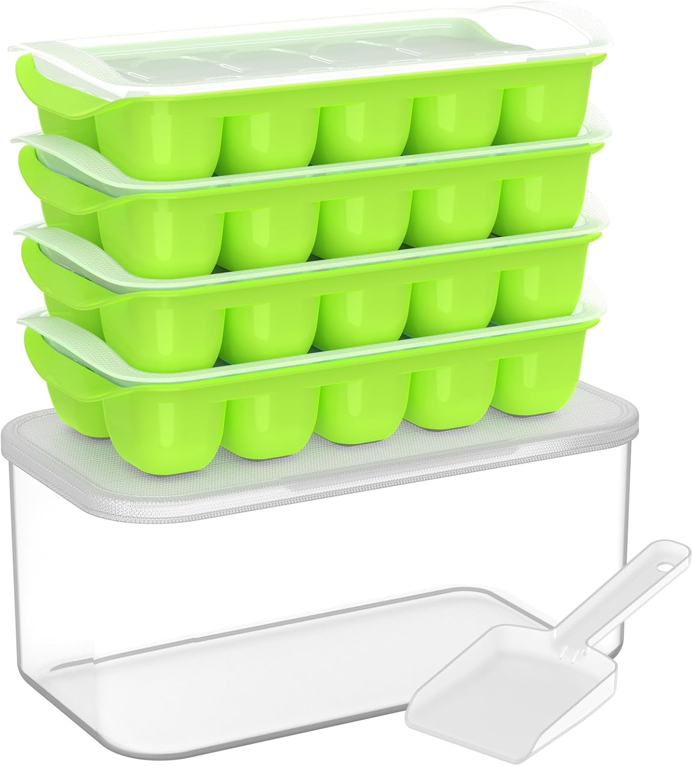 Ice Cube Tray with Lid and Bin - 4 Pack Bucket Kits, Stackable Silicone Trays for Freezer, Easy Pop Out, BPA Free Cocktail, Coffee, Soup, Food, RV, Kitchen Green