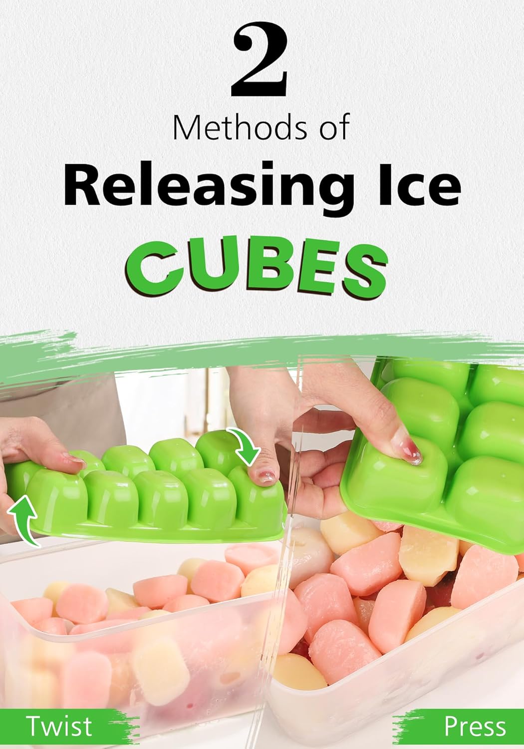 Ice Cube Tray with Lid and Bin - 4 Pack Bucket Kits, Stackable Silicone Trays for Freezer, Easy Pop Out, BPA Free Cocktail, Coffee, Soup, Food, RV, Kitchen Green
