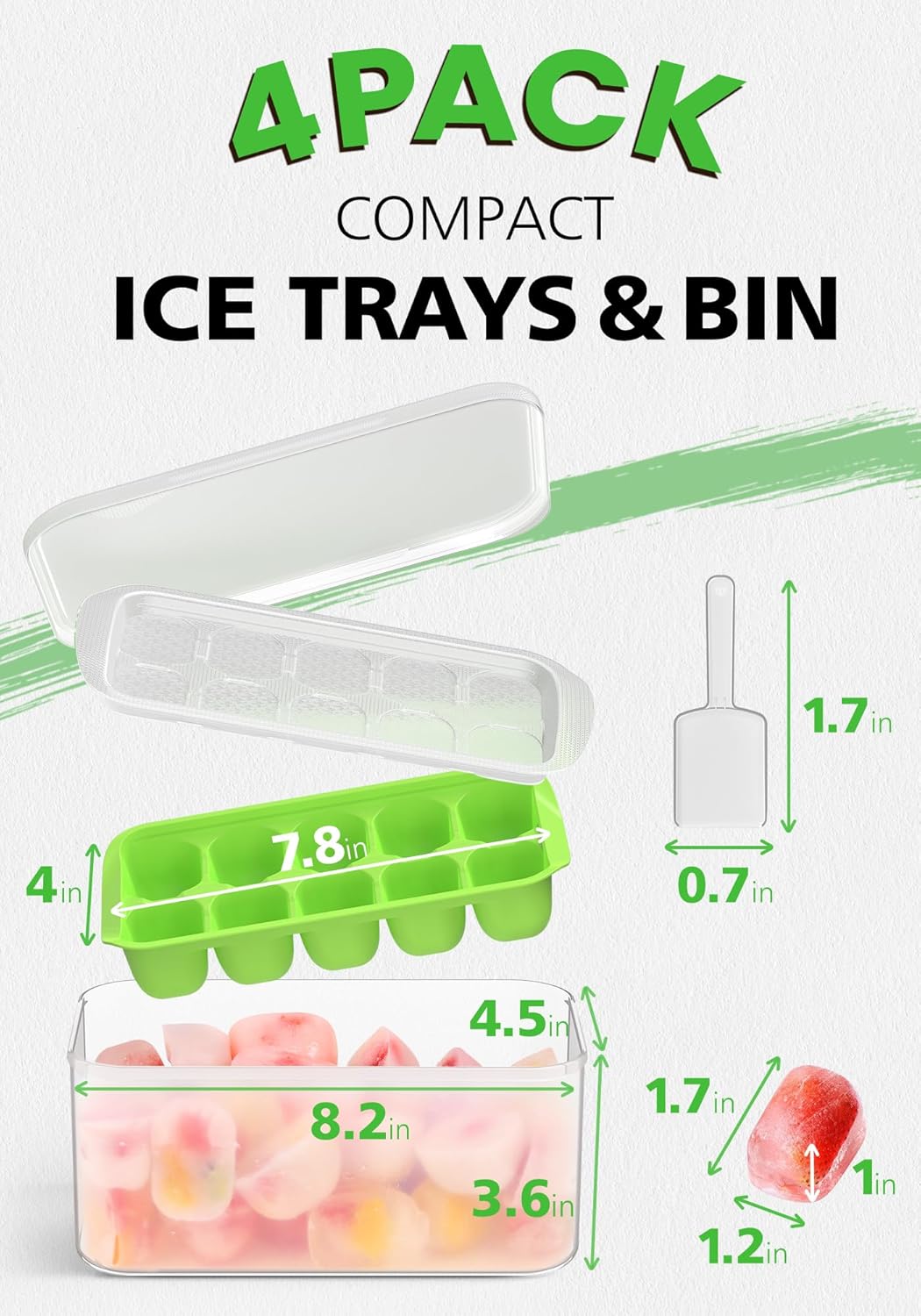 Ice Cube Tray with Lid and Bin - 4 Pack Bucket Kits, Stackable Silicone Trays for Freezer, Easy Pop Out, BPA Free Cocktail, Coffee, Soup, Food, RV, Kitchen Green