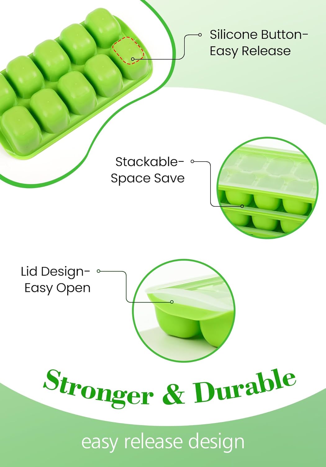 Ice Cube Tray with Lid and Bin - 4 Pack Bucket Kits, Stackable Silicone Trays for Freezer, Easy Pop Out, BPA Free Cocktail, Coffee, Soup, Food, RV, Kitchen Green