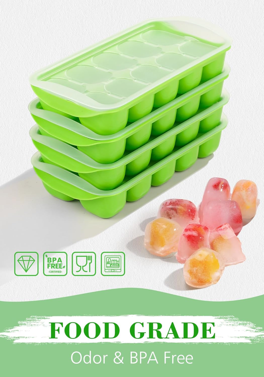 Ice Cube Tray with Lid and Bin - 4 Pack Bucket Kits, Stackable Silicone Trays for Freezer, Easy Pop Out, BPA Free Cocktail, Coffee, Soup, Food, RV, Kitchen Green
