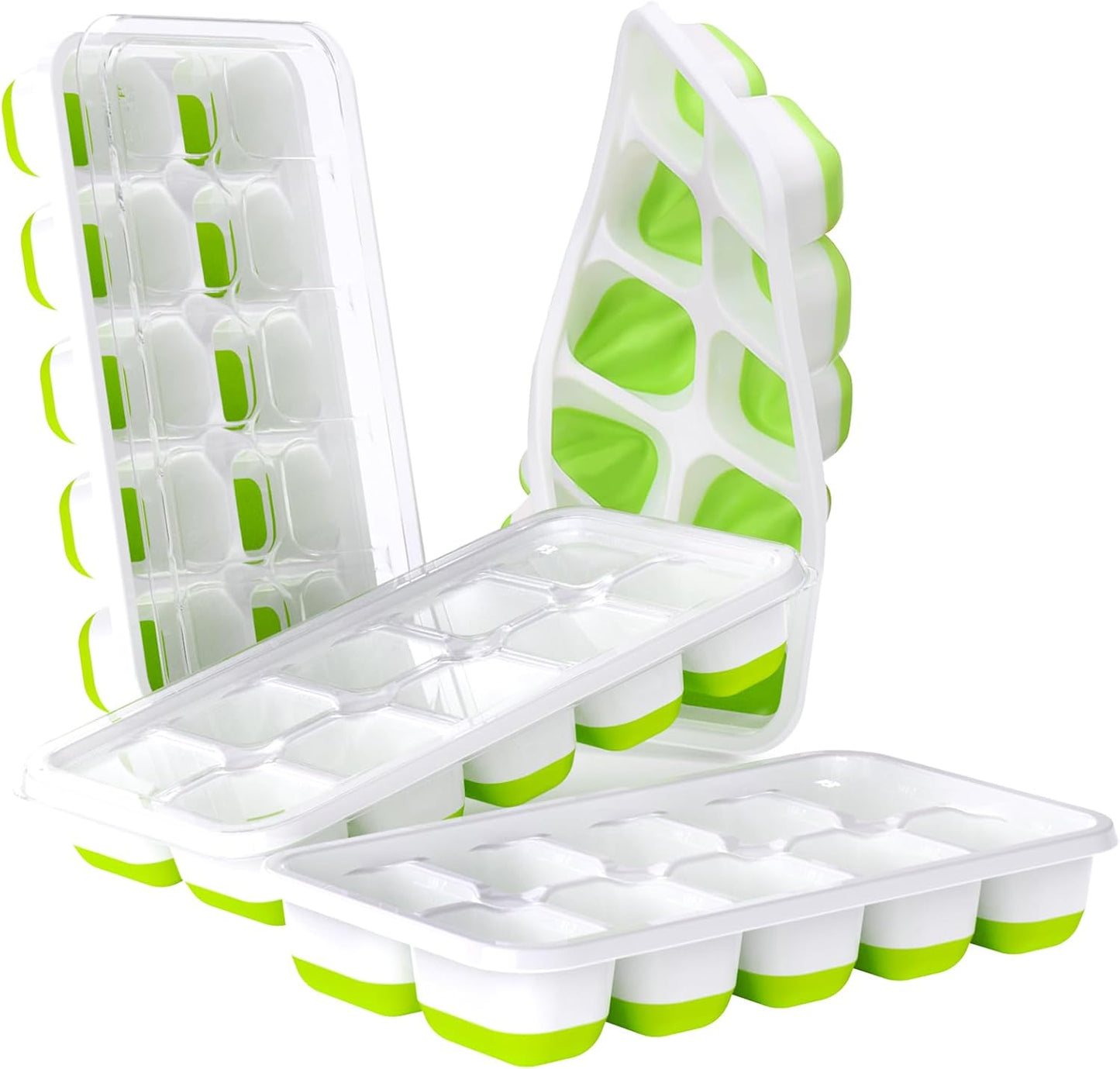 Ice Cube Tray with Lids - 4 Pack Stackable Silicone Trays for Freezer, BPA & LFGB Safe, Easy Release Kitchen, RV, Cocktail, Coffee, Soup Food Green 7.2"*4.1"*1.3"