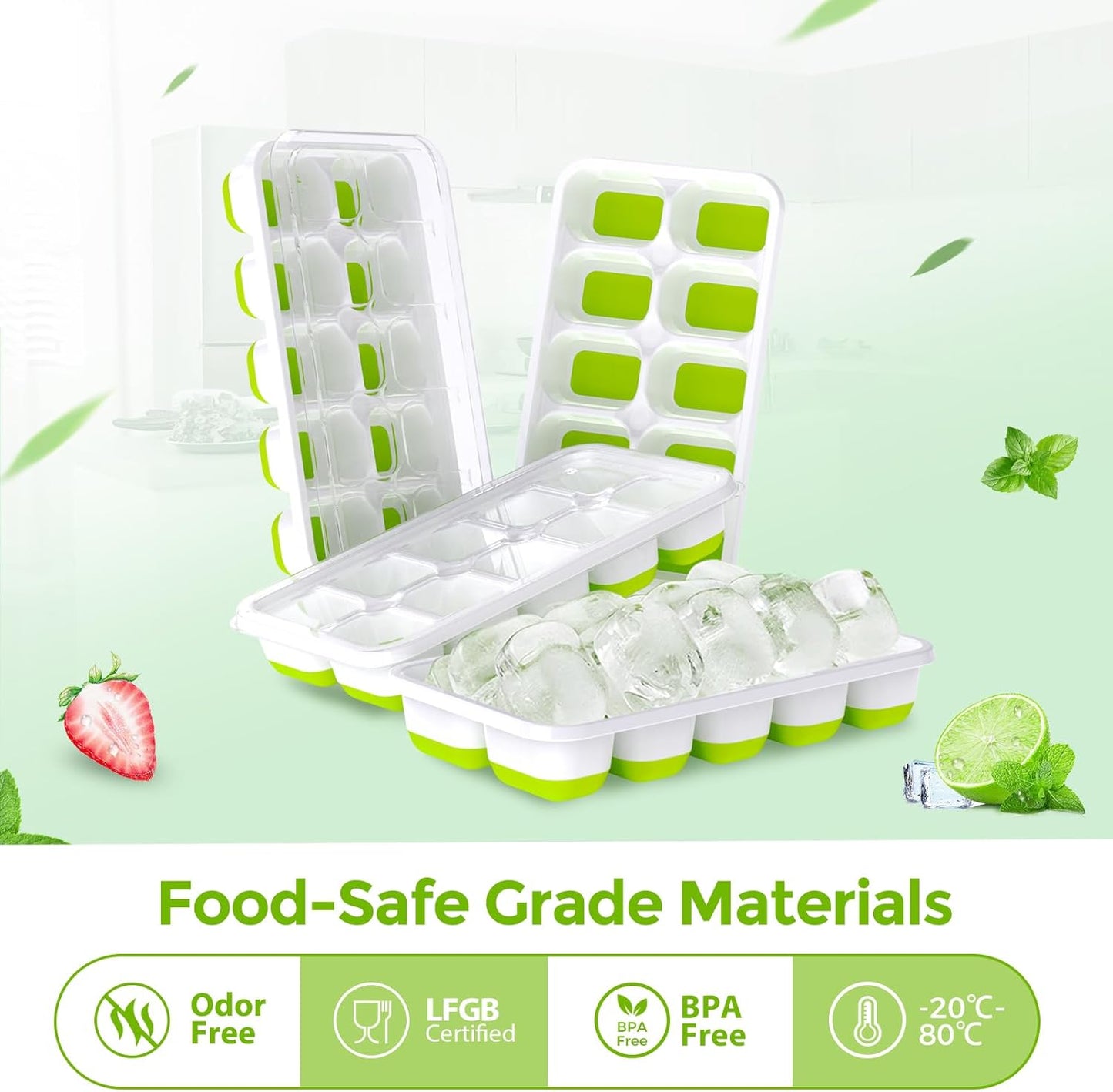 Ice Cube Tray with Lids - 4 Pack Stackable Silicone Trays for Freezer, BPA & LFGB Safe, Easy Release Kitchen, RV, Cocktail, Coffee, Soup Food Green 7.2"*4.1"*1.3"