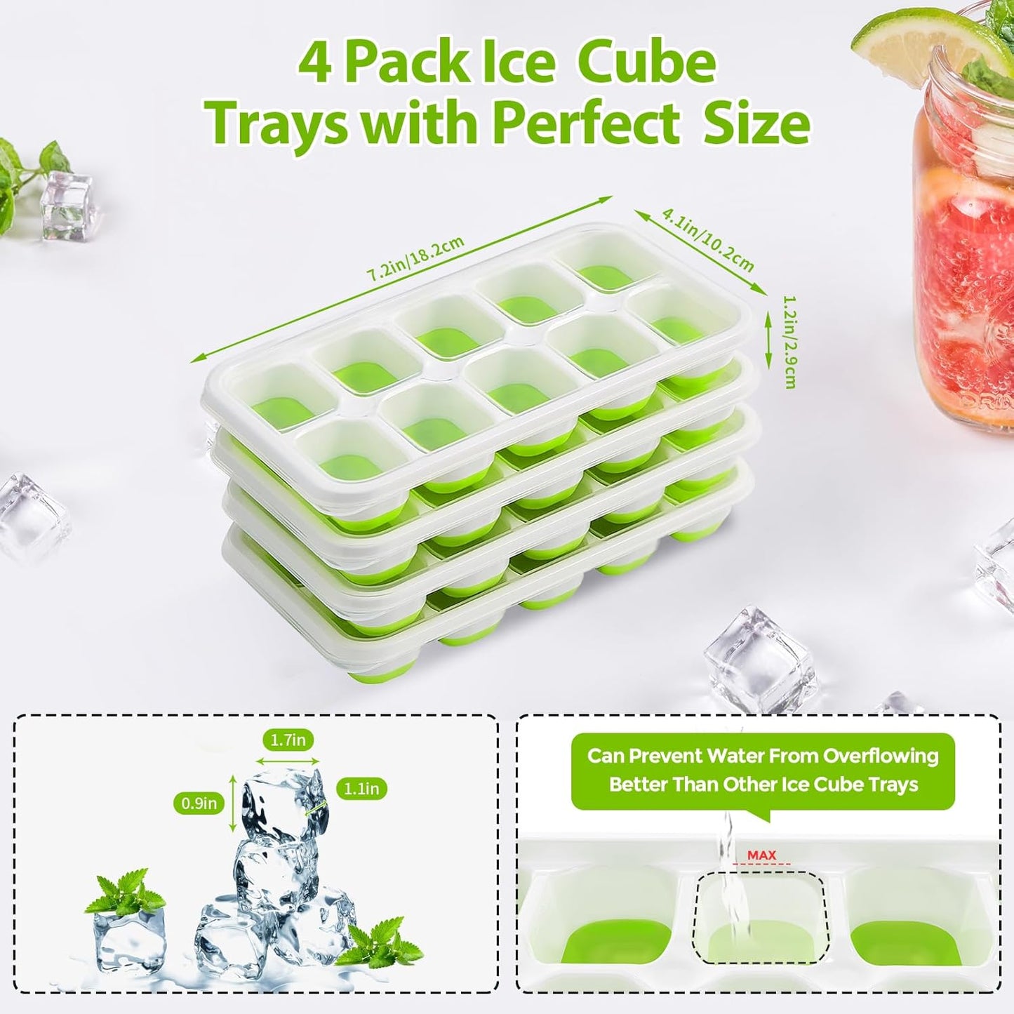 Ice Cube Tray with Lids - 4 Pack Stackable Silicone Trays for Freezer, BPA & LFGB Safe, Easy Release Kitchen, RV, Cocktail, Coffee, Soup Food Green 7.2"*4.1"*1.3"