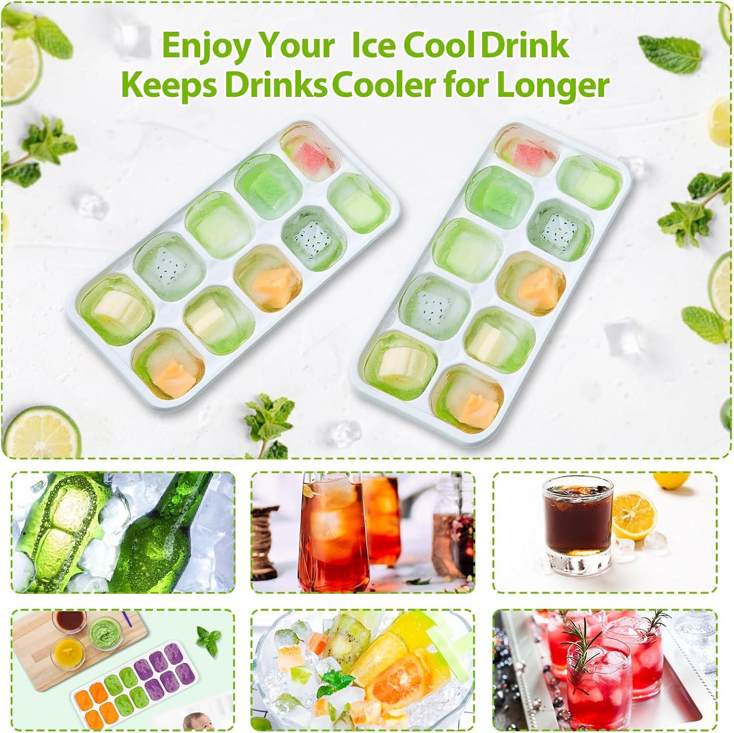 Ice Cube Tray with Lids - 4 Pack Stackable Silicone Trays for Freezer, BPA & LFGB Safe, Easy Release Kitchen, RV, Cocktail, Coffee, Soup Food Green 7.2"*4.1"*1.3"