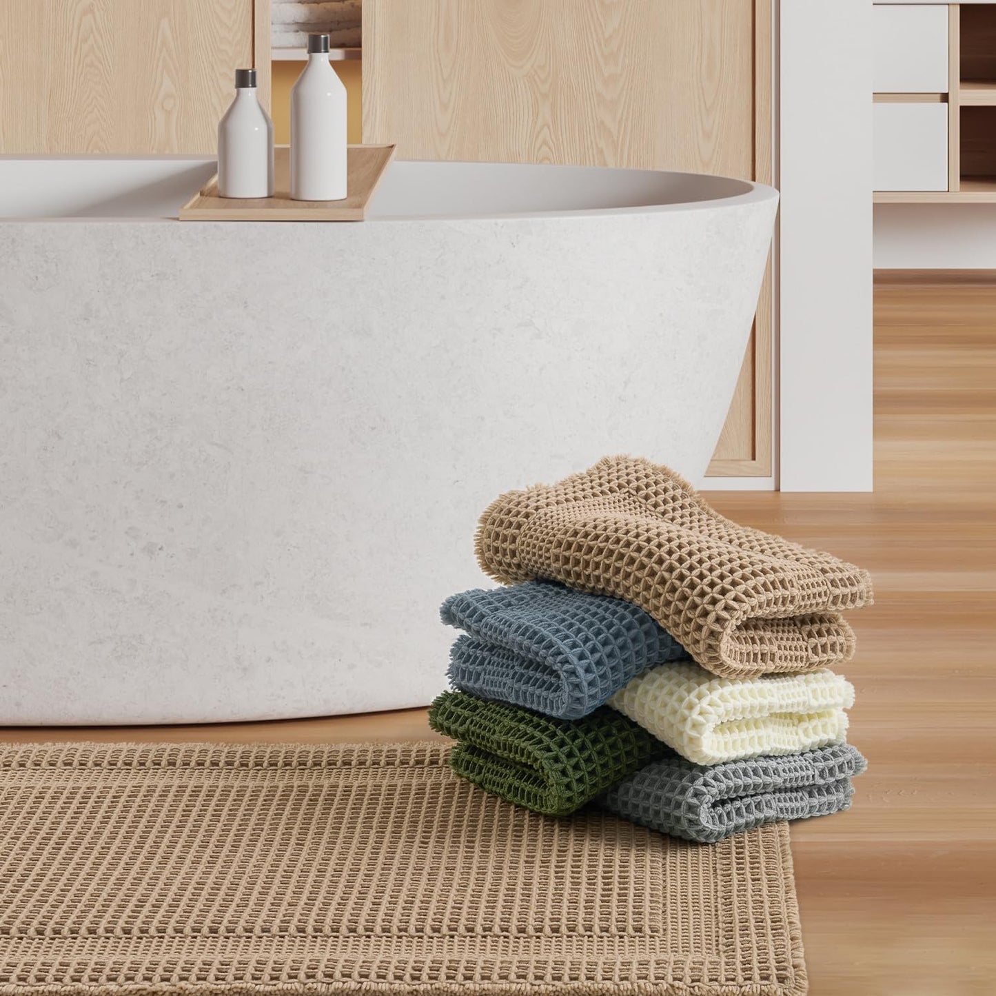 Waffle Bath-Mat, Absorbent Bath Mats for Bathroom Non Slip, Machine Washable Rugs with Tassels Ultra Soft Boho Floor 17''x24'' Beige