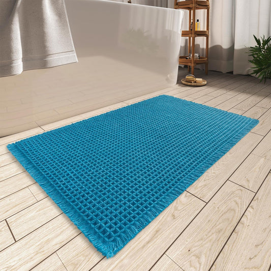 Upgraded Waffle Bath Mat, Super Absorbent Non Slip Mats for Bathroom Floor, Machine Washable Rugs with Tassels, Rubber Backed Mats, Ultra Soft, 17" x 24", Teal -