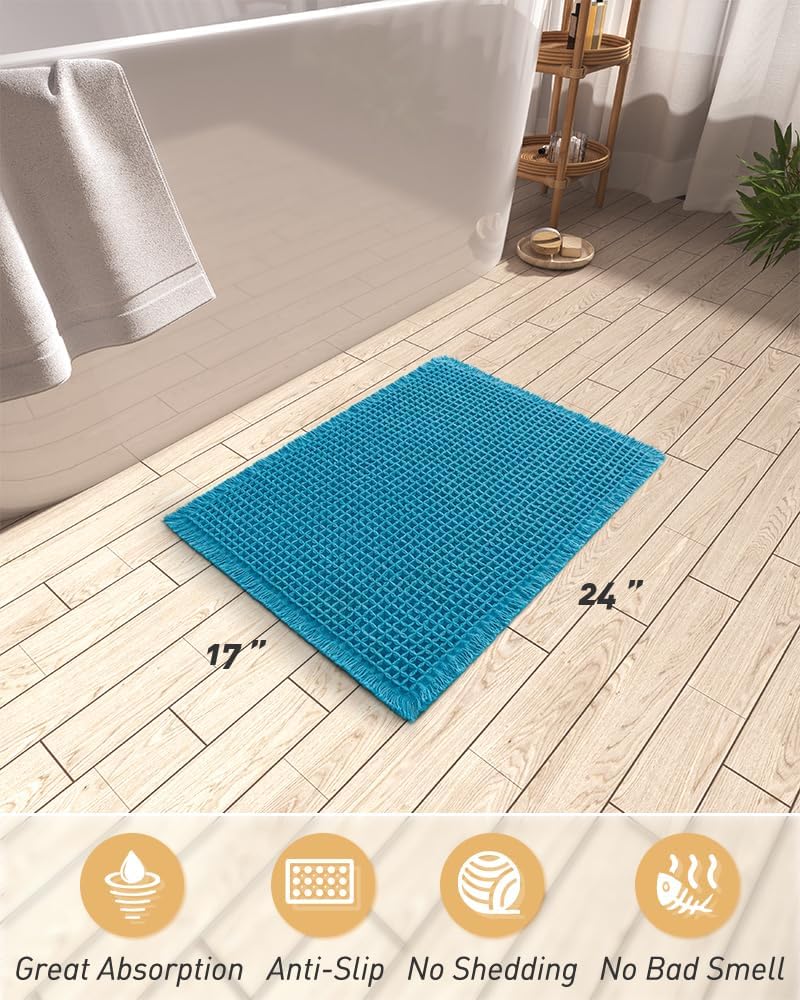 Upgraded Waffle Bath Mat, Super Absorbent Non Slip Mats for Bathroom Floor, Machine Washable Rugs with Tassels, Rubber Backed Mats, Ultra Soft, 17" x 24", Teal -